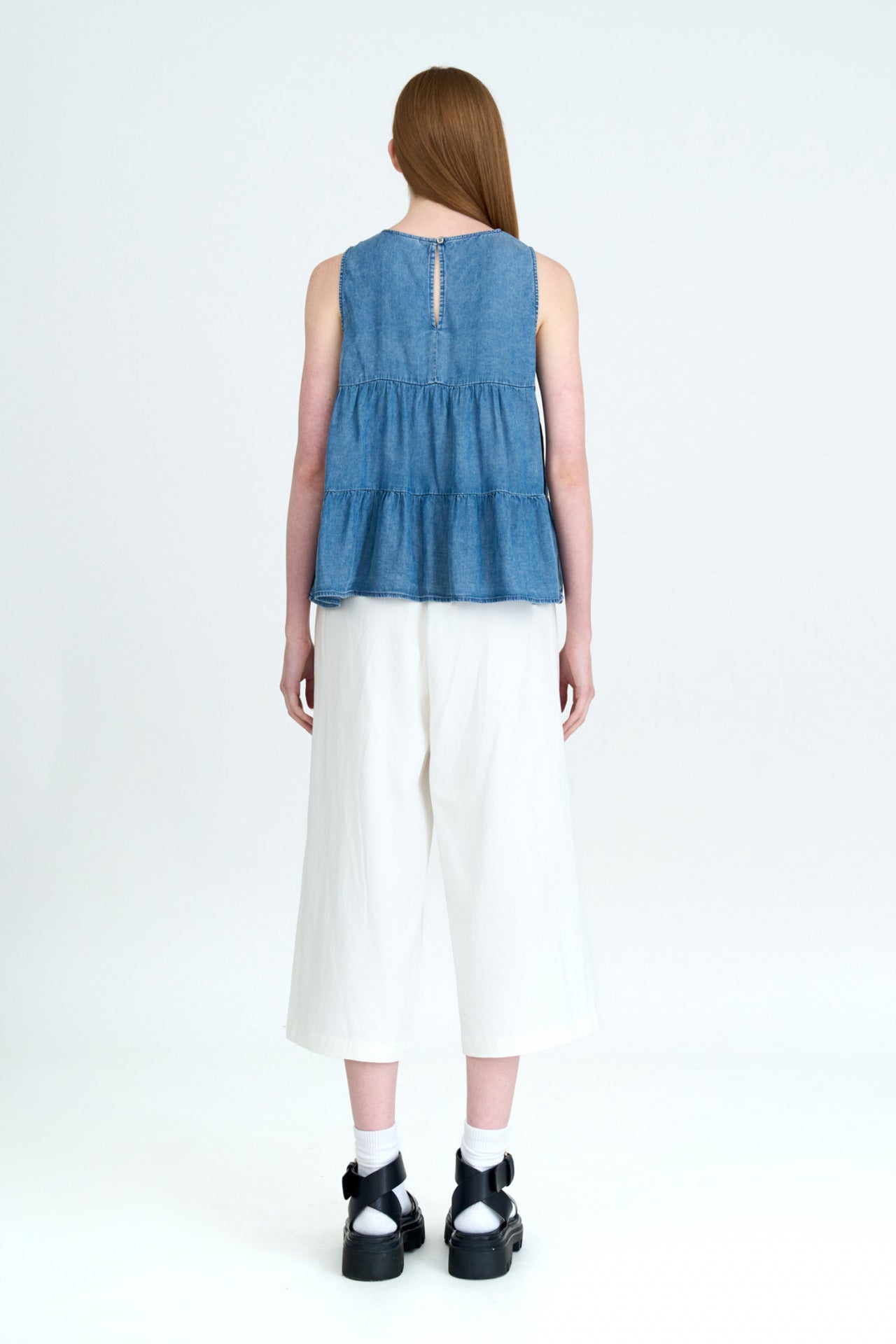 Denim Tiered Sleeveless Blouse - Denim