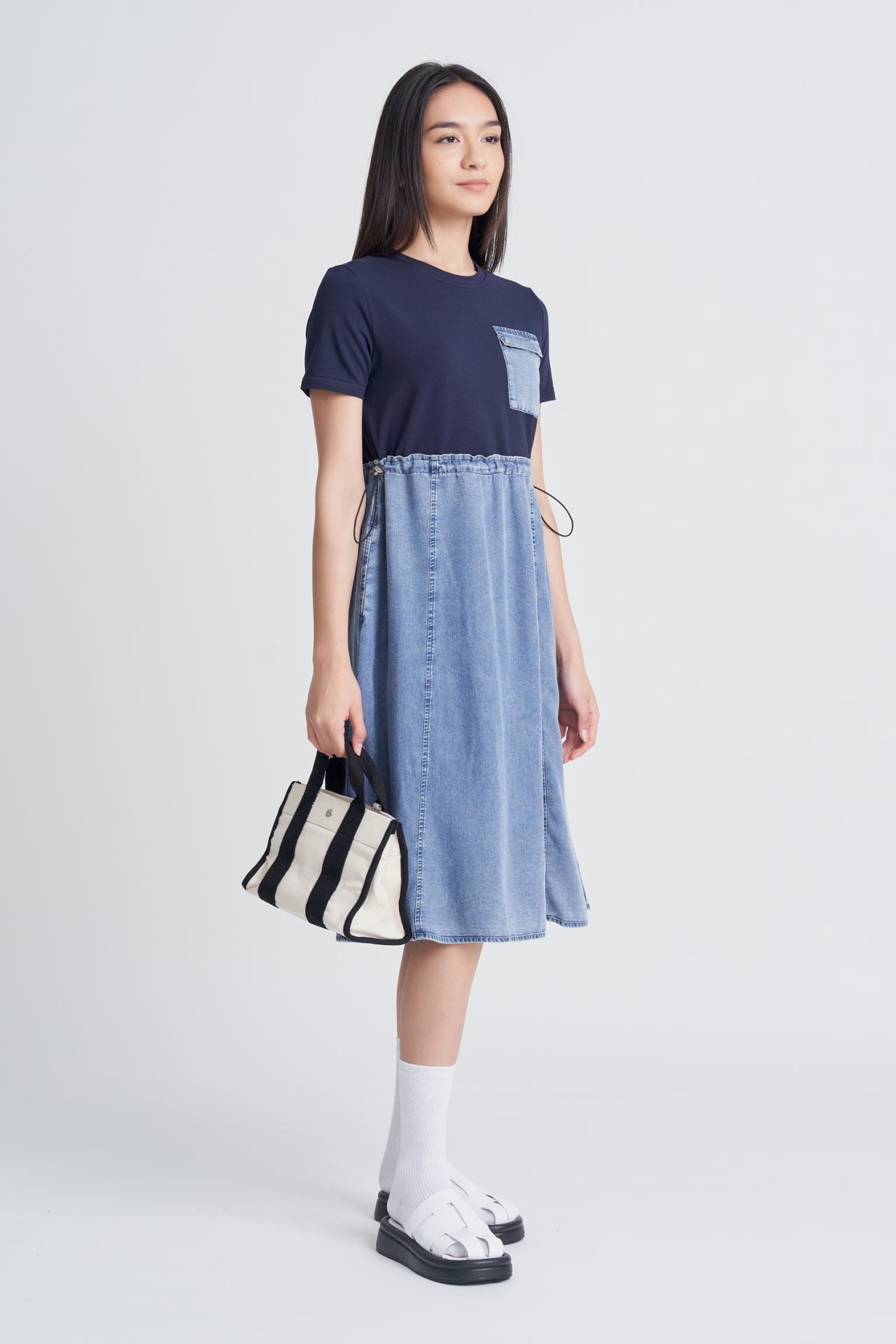Denim Contrast Fabric Drawstring Dress