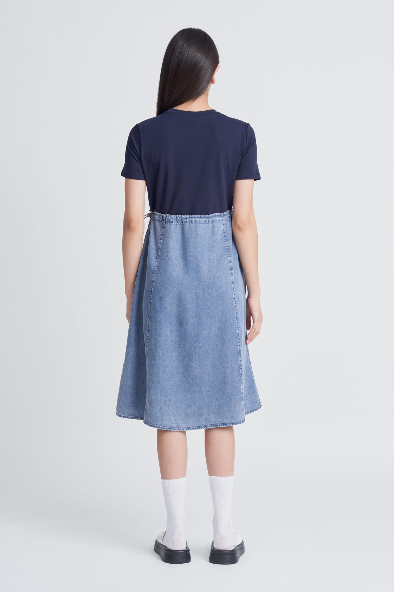 Denim Contrast Fabric Drawstring Dress