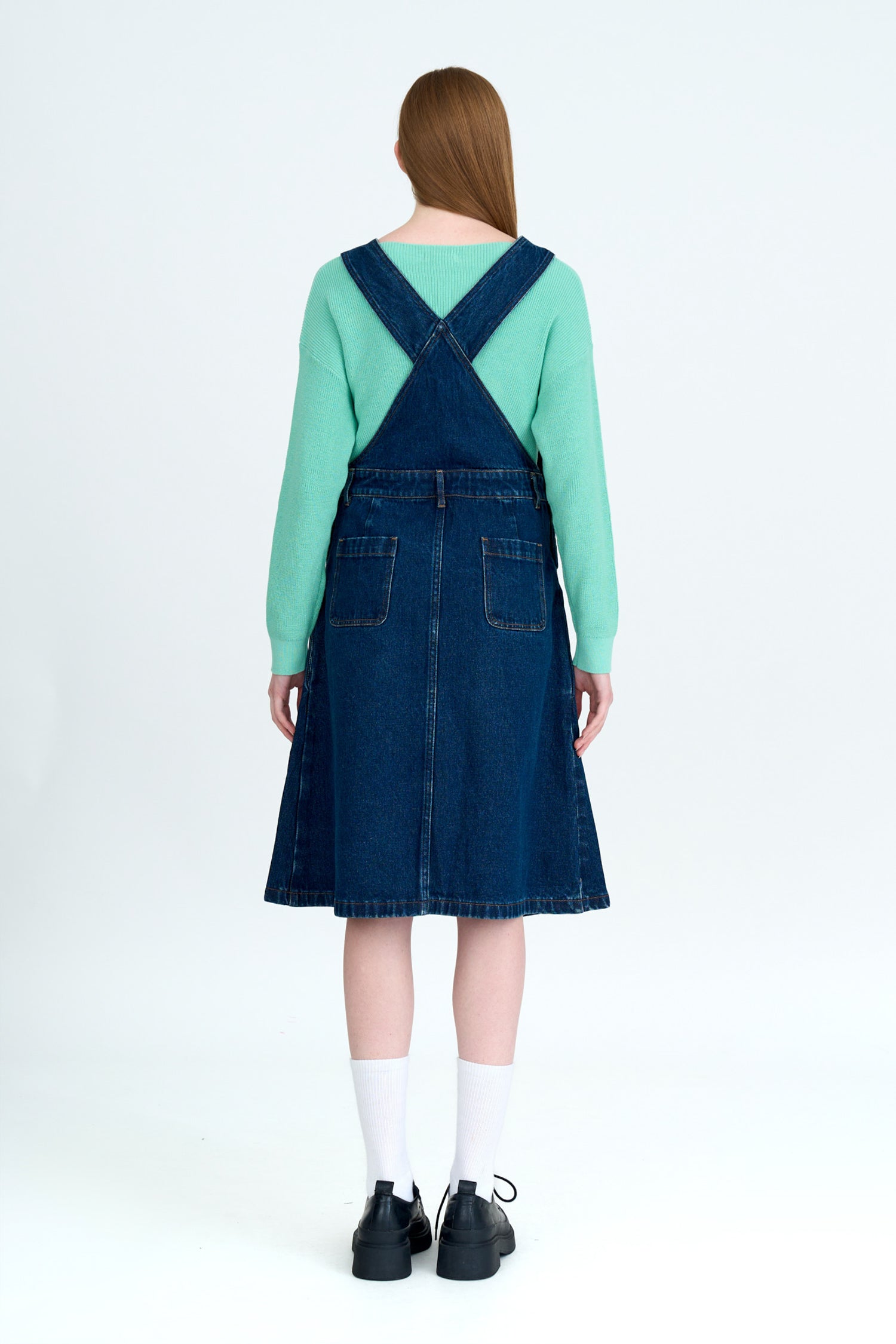 Denim Flared Dungaree Dress - Dark Denim