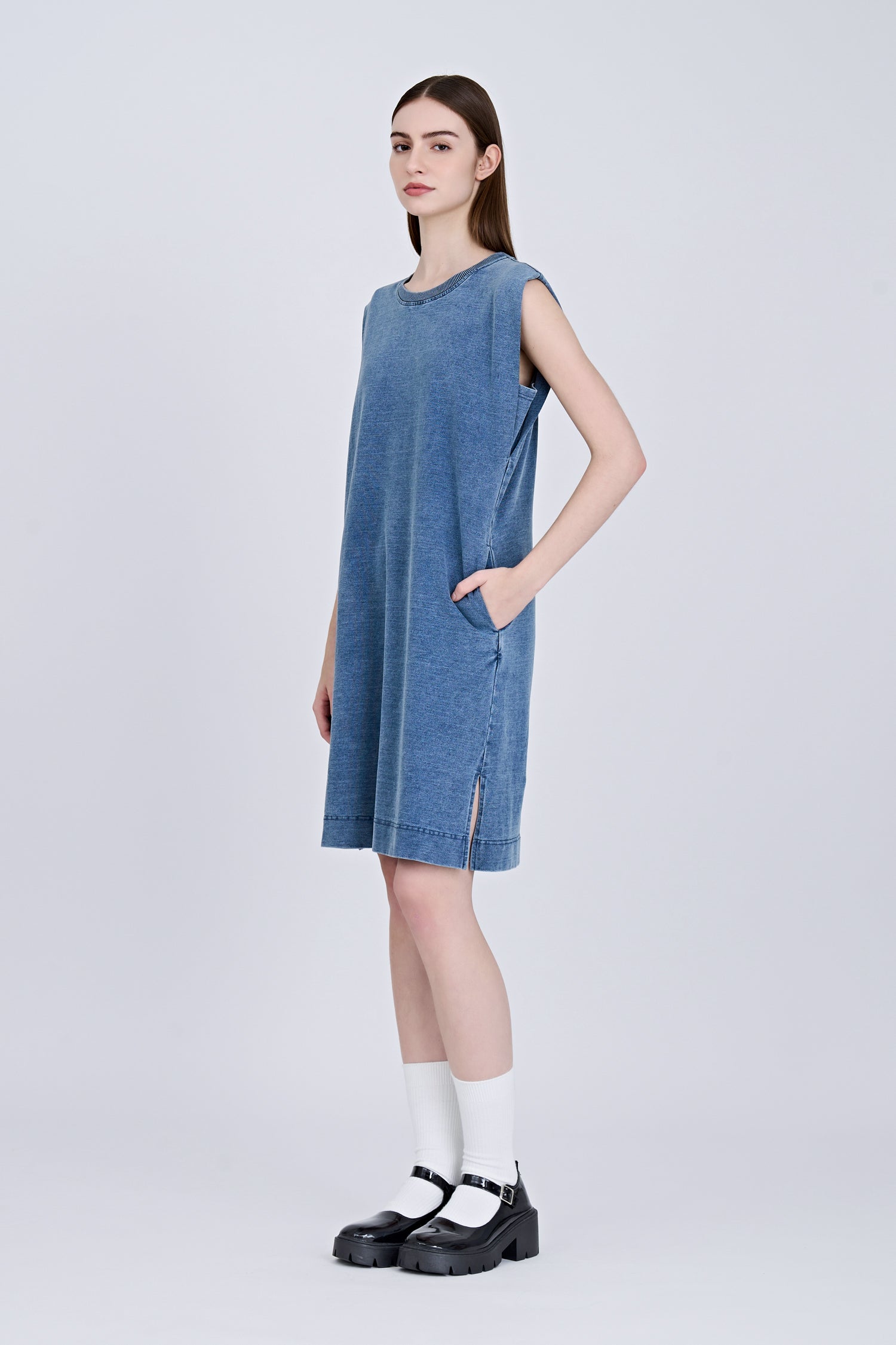 Denim Shoulder Padded Dress - Denim
