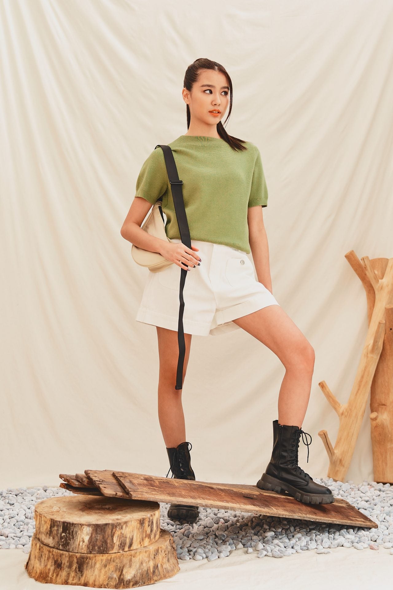 Denim High Waisted Shorts - Cream