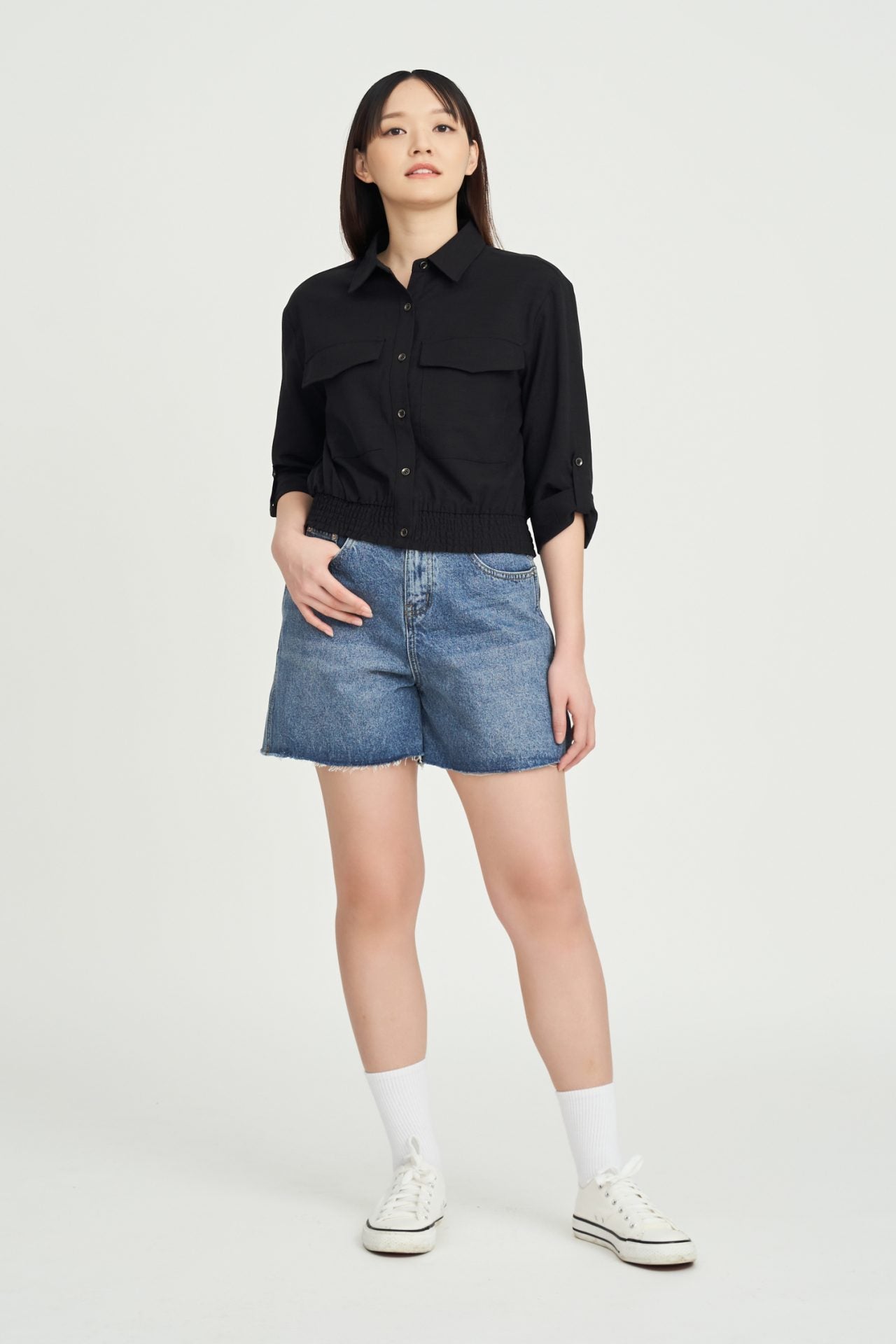 Denim High-Waisted Shorts - Denim
