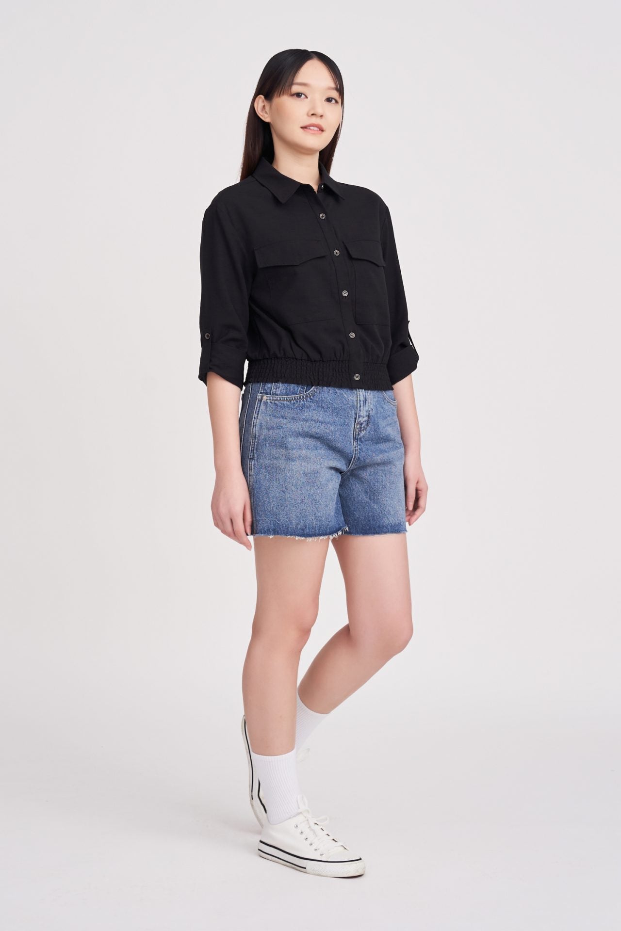 Denim High-Waisted Shorts - Denim