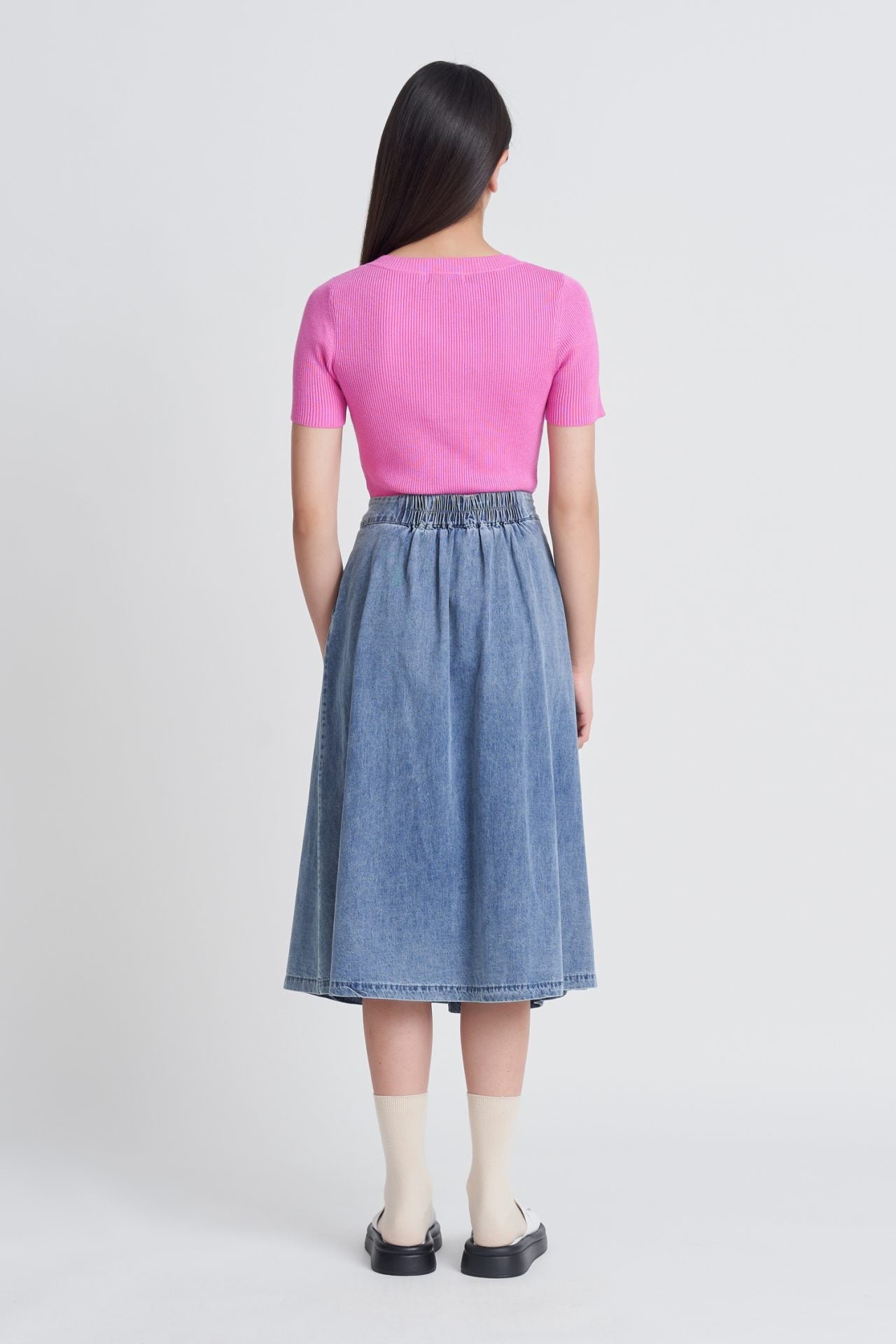 Denim Pleated Flared Midi Skirt