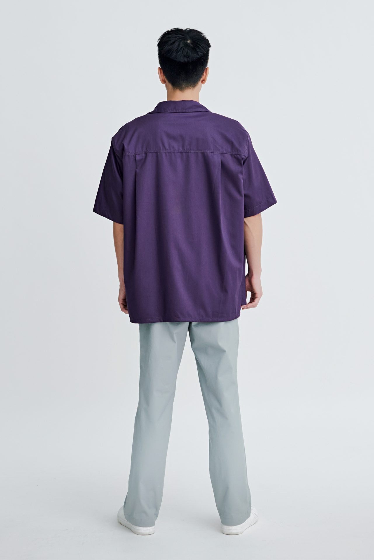 Relaxed Fit Open Collar Top w/ Pocket Flap - Eggplant