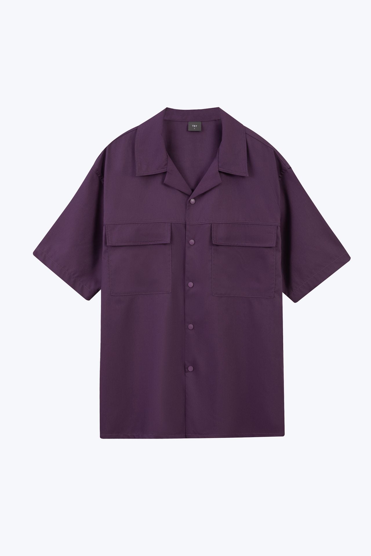 Relaxed Fit Open Collar Top w/ Pocket Flap - Eggplant