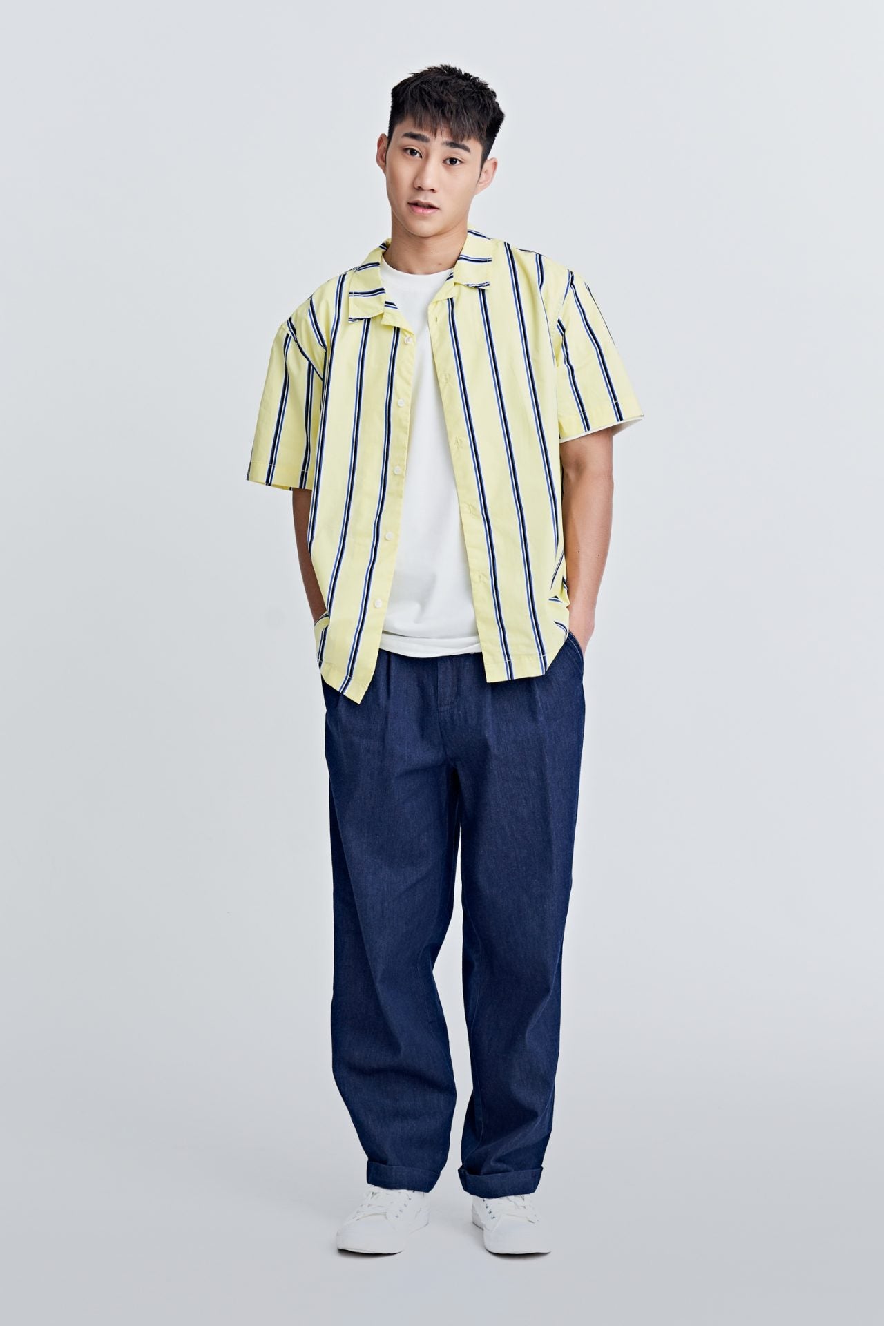 Cotton Striped Oversized Open Collar Top