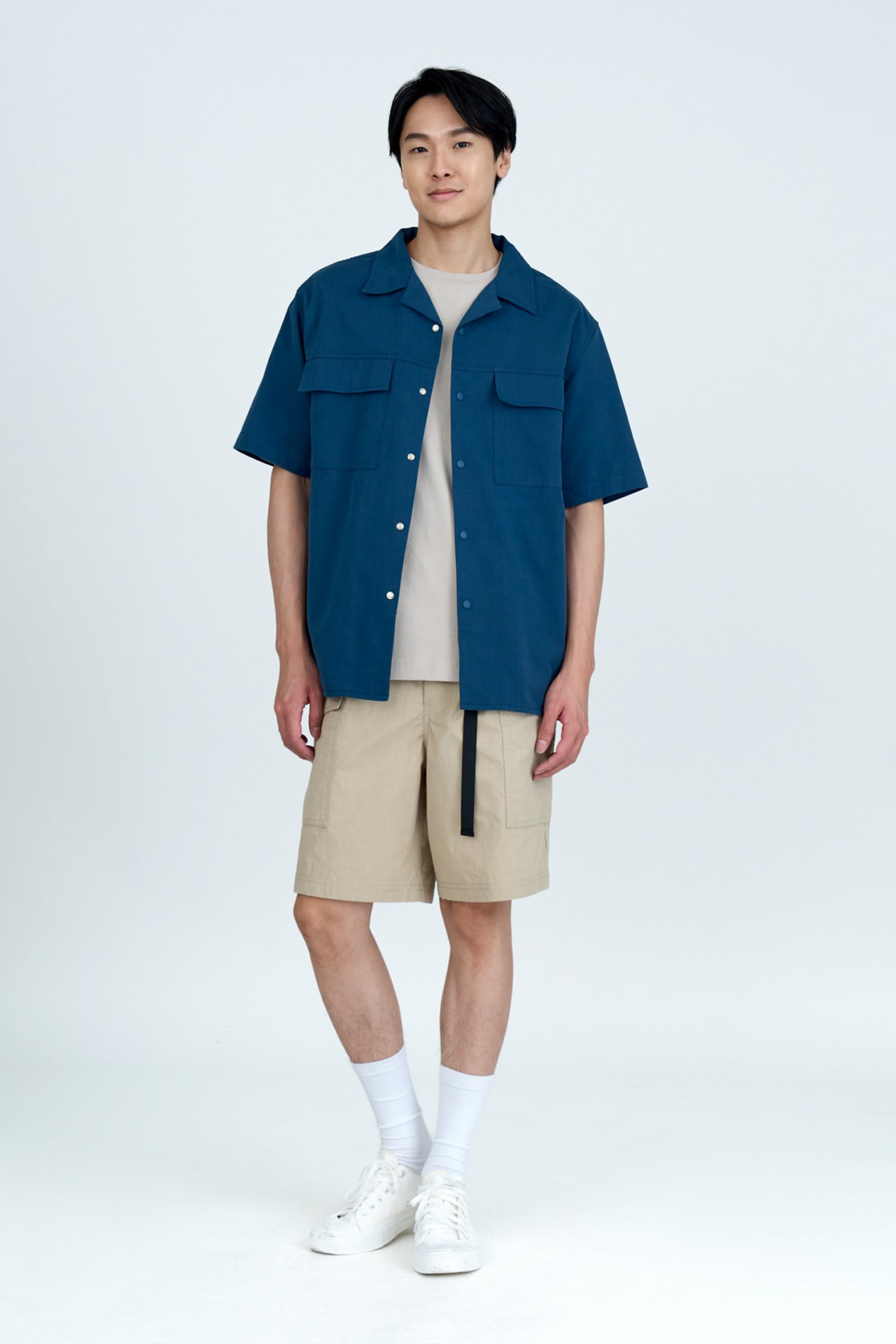 Relaxed-Fit Flapped Pocket Cuban Collar Top - Navy