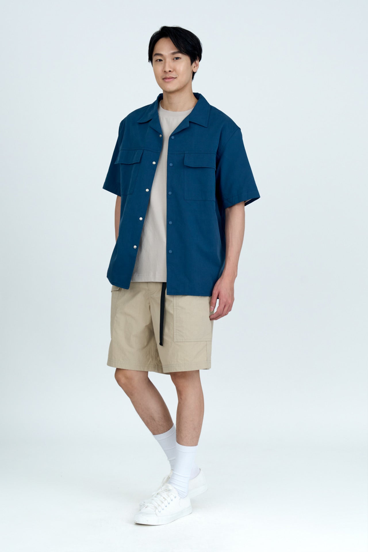 Relaxed-Fit Flapped Pocket Cuban Collar Top - Navy