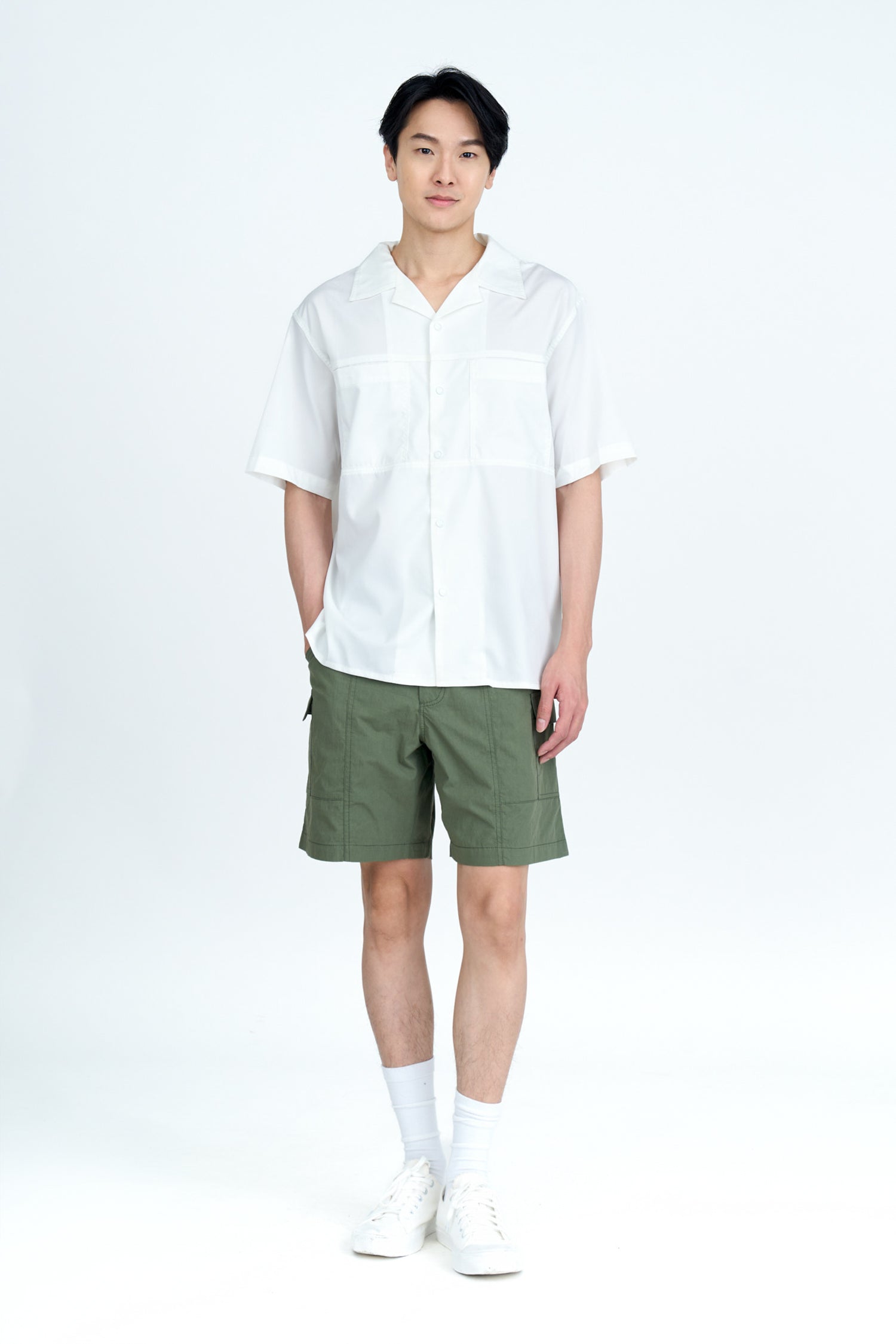 Relaxed Fit Patch Pocket Open Collar Top - White