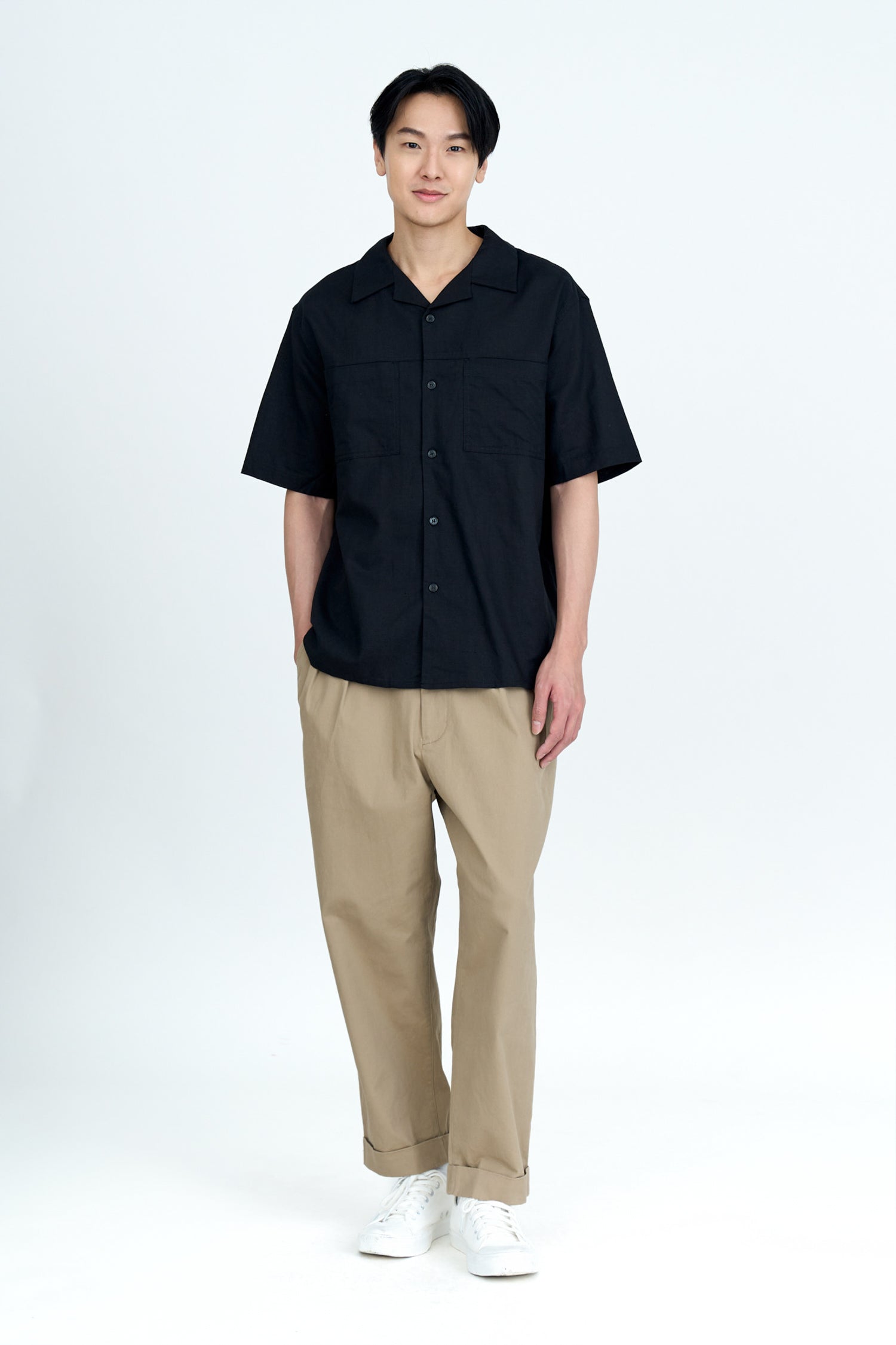 Relaxed-Fit Open Collar Shirt - Black