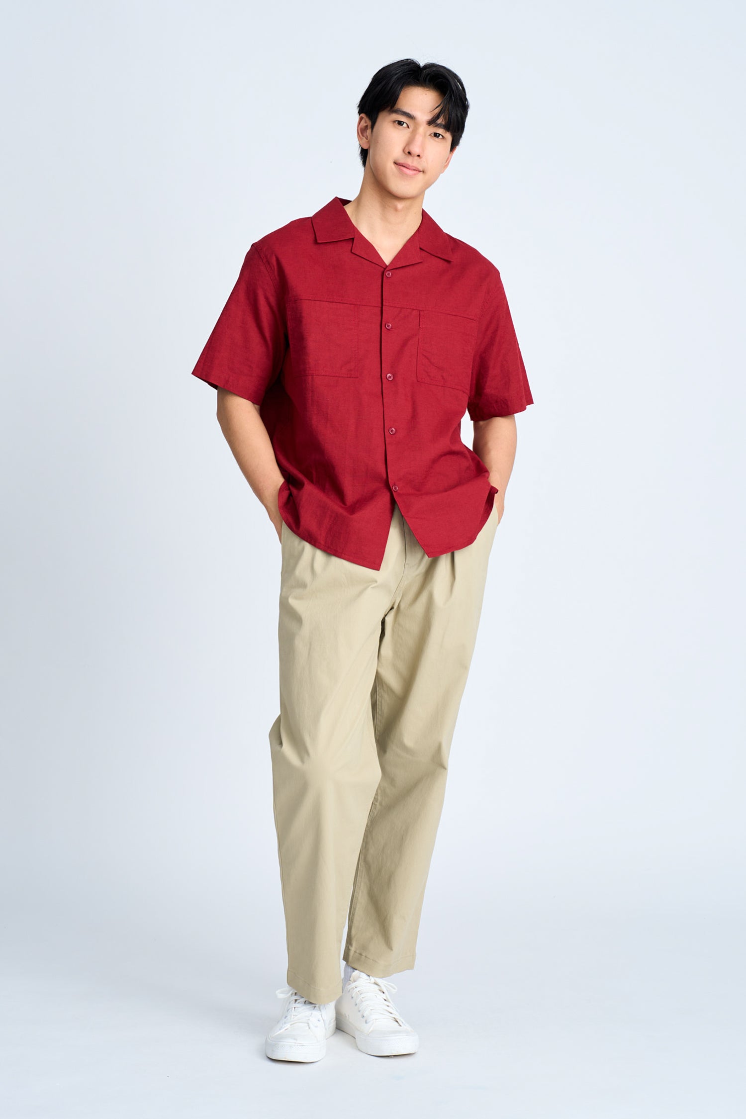 Relaxed-Fit Open Collar Shirt - Burgundy