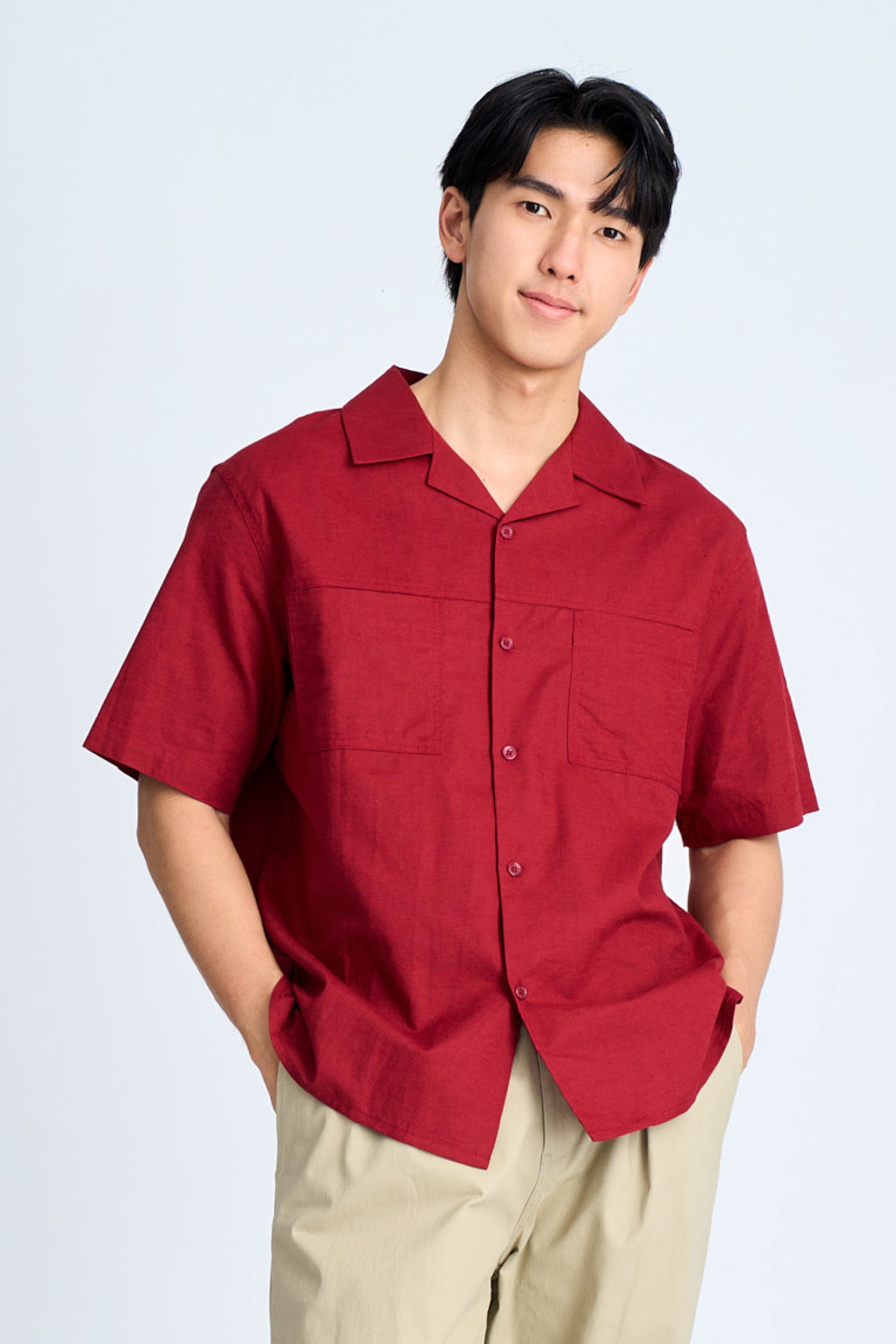 Relaxed-Fit Open Collar Shirt - Burgundy