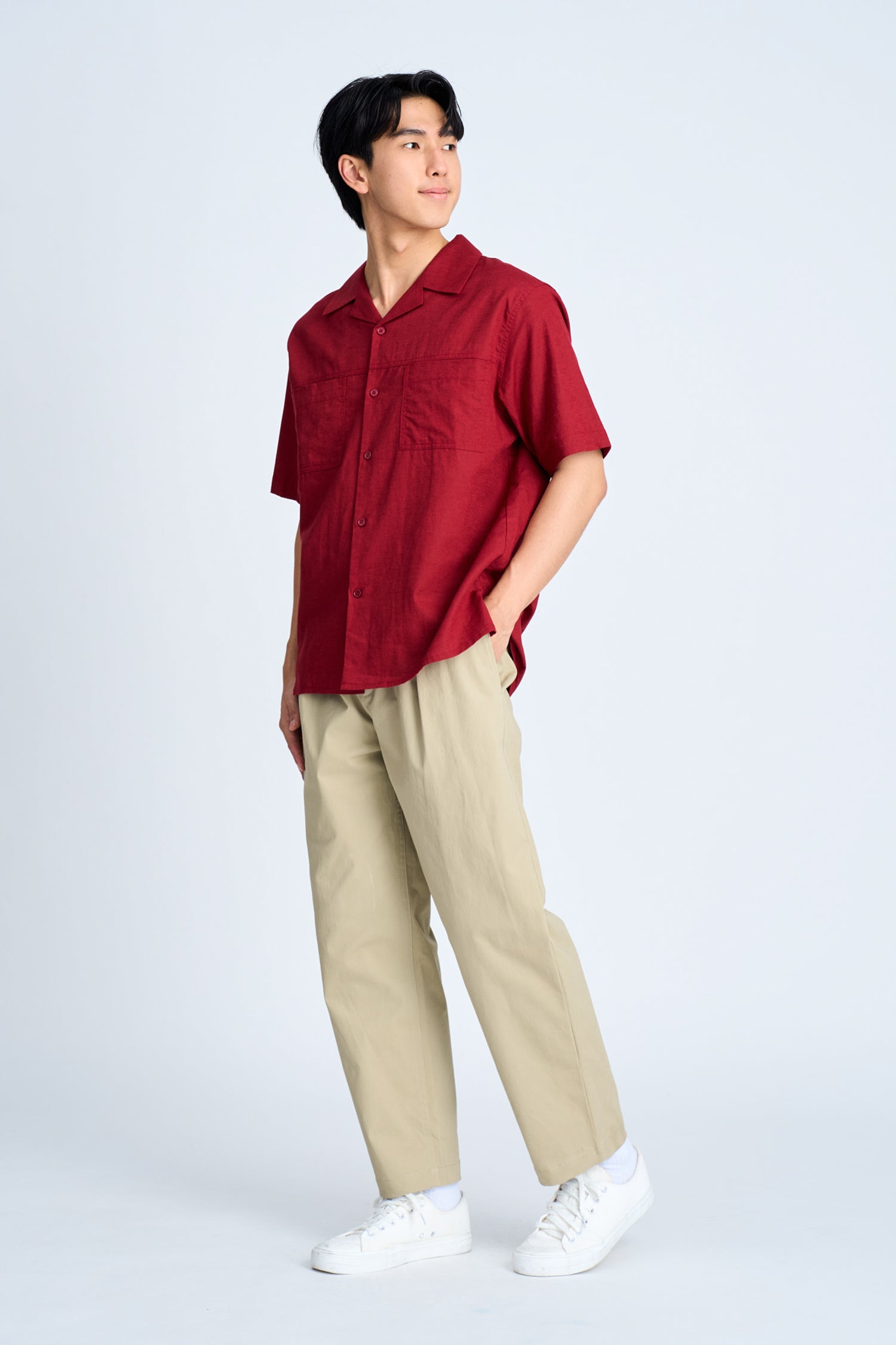Relaxed-Fit Open Collar Shirt - Burgundy