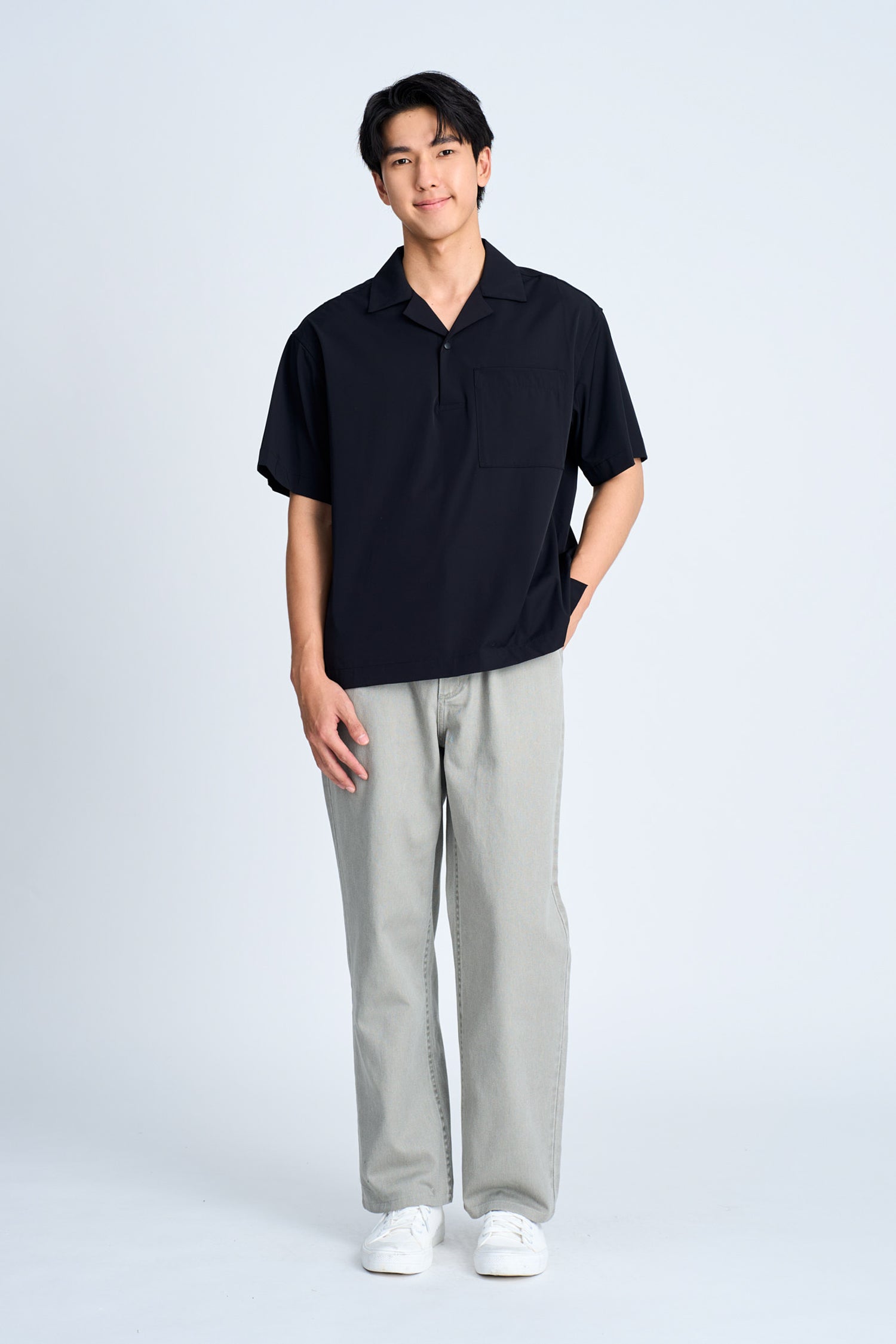 Relaxed Fit Cuban Collar Short Sleeve Shirt - Black