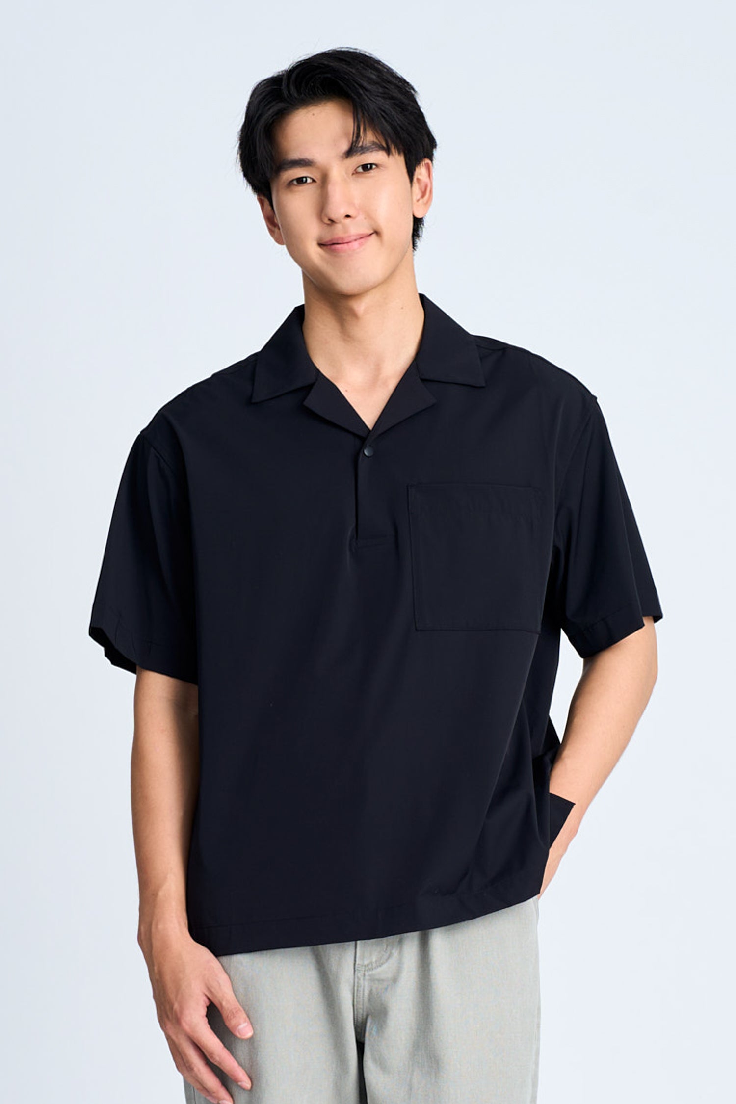 Relaxed Fit Cuban Collar Short Sleeve Shirt - Black