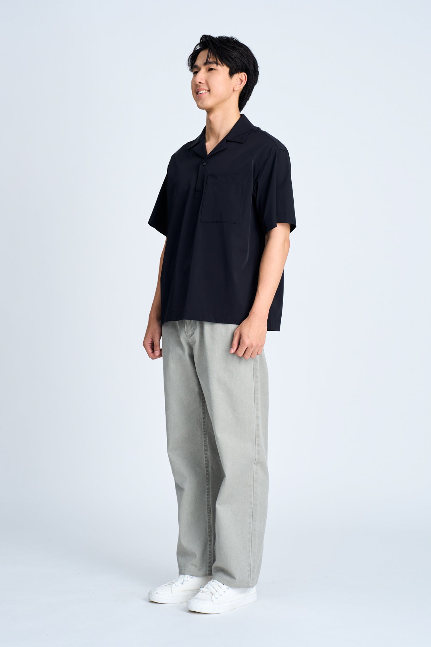 Relaxed Fit Cuban Collar Short Sleeve Shirt - Black