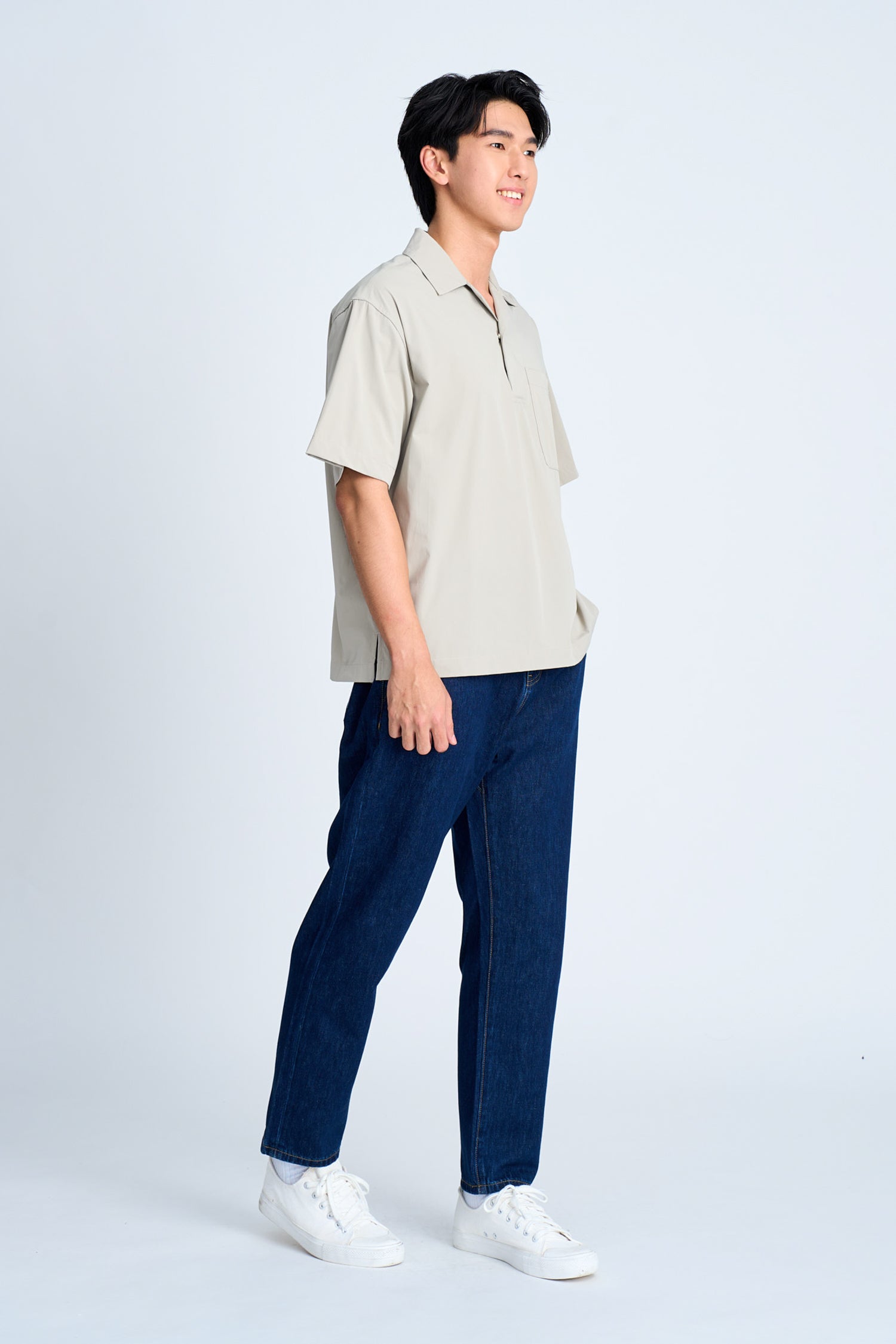 Relaxed Fit Cuban Collar Short Sleeve Shirt - Light Grey