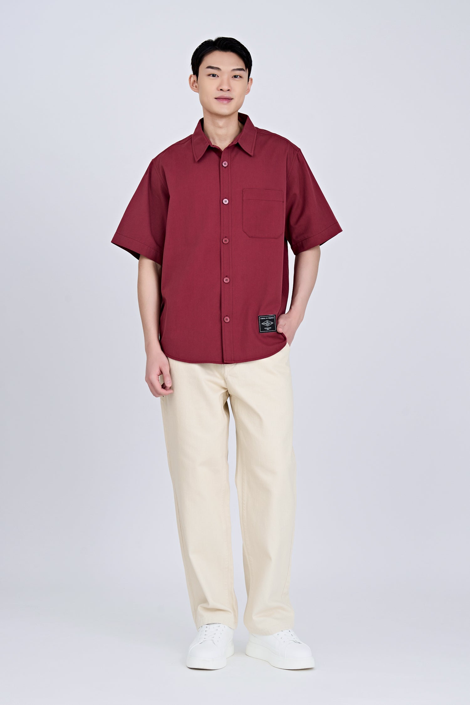 Oversized Shirt With Label At Hem - Maroon