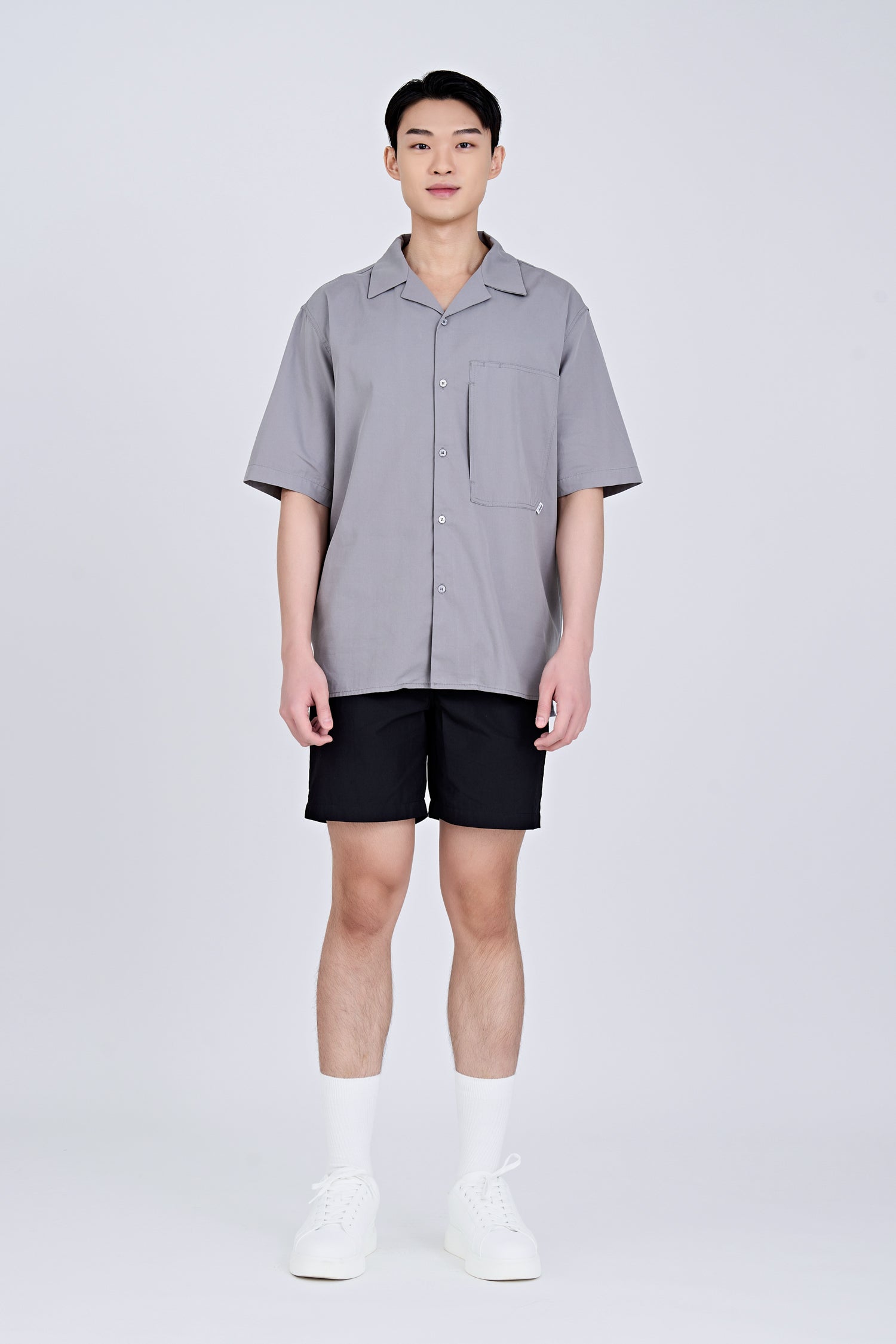 Worker's Pocket Cuban Collar Shirt - Grey