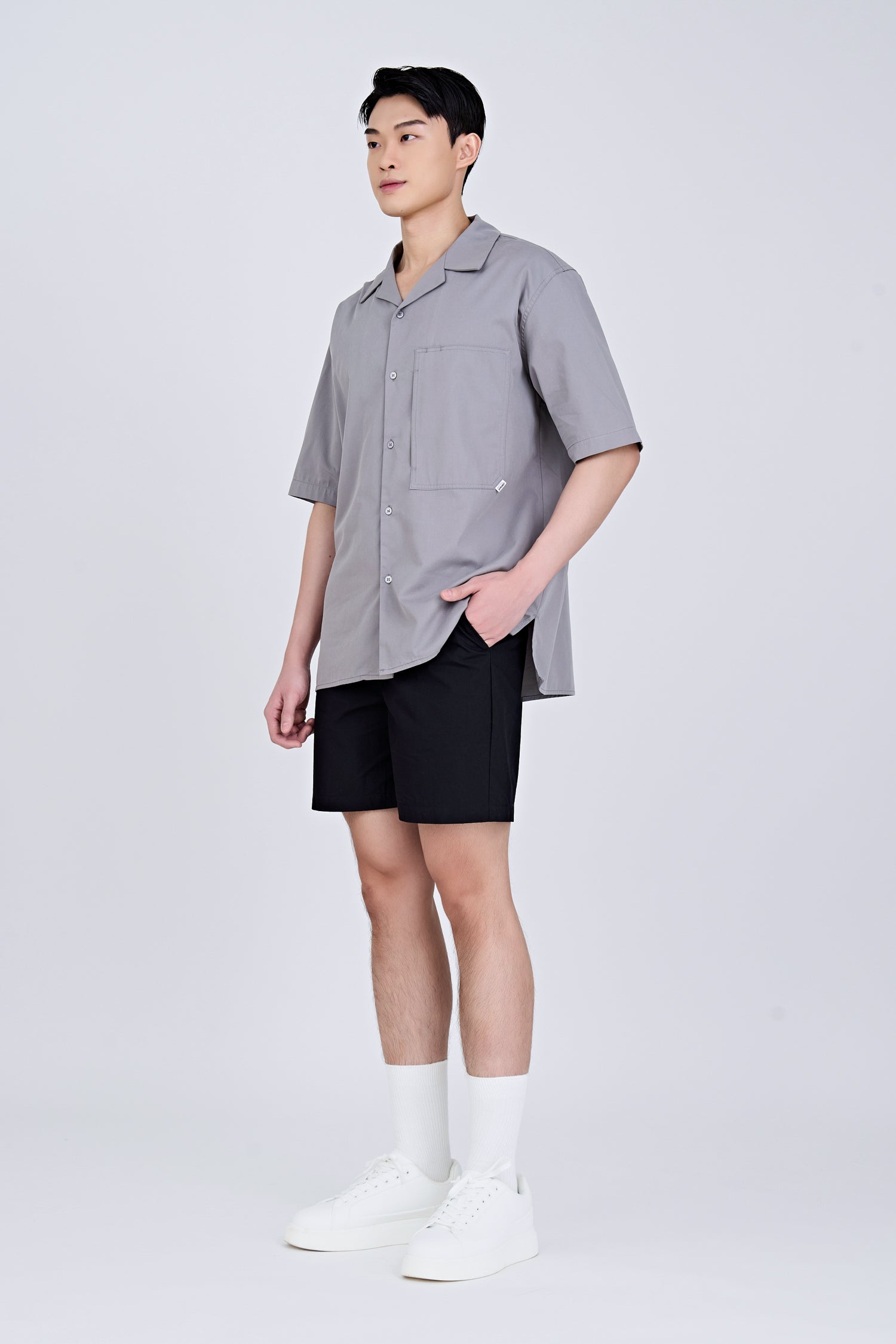 Worker's Pocket Cuban Collar Shirt - Grey