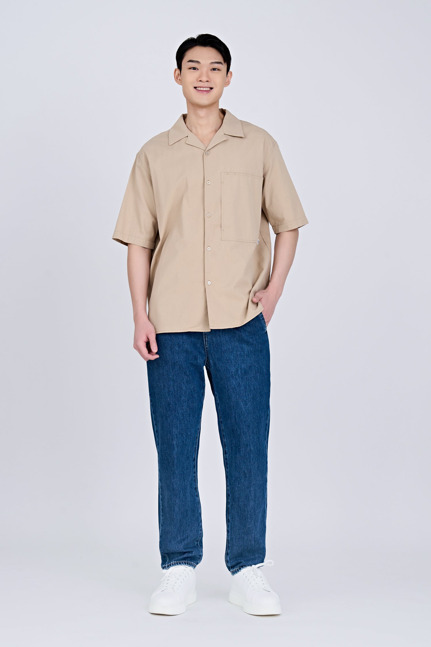 Worker's Pocket Cuban Collar Shirt - Khaki