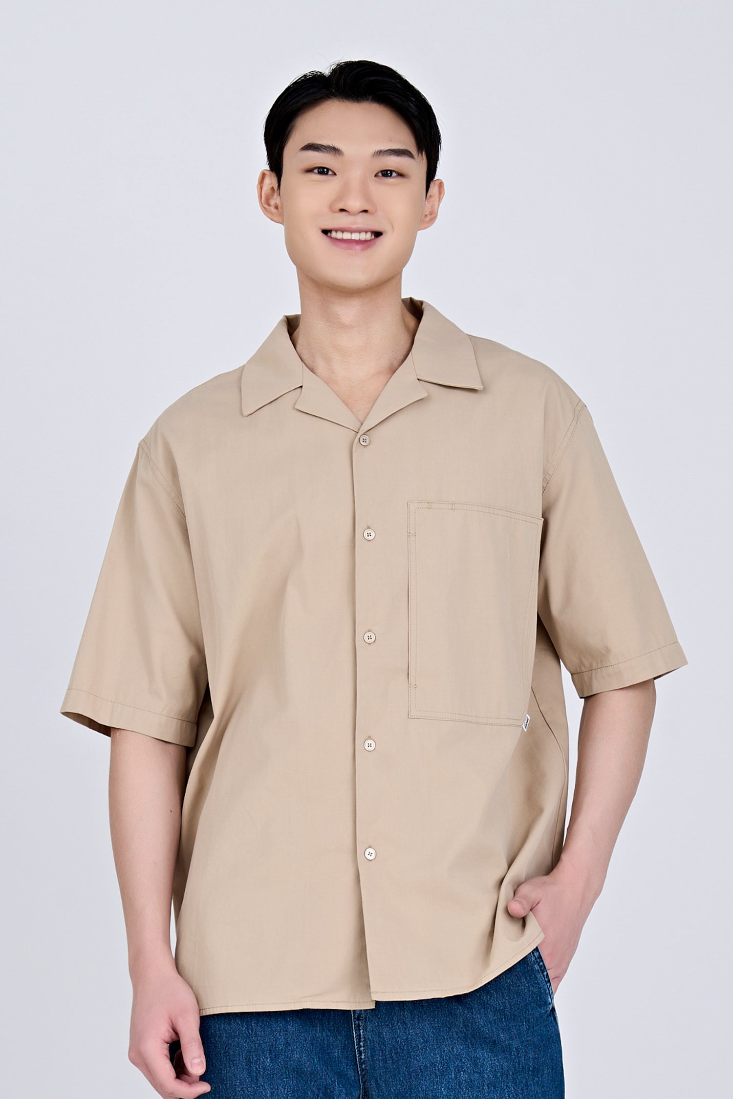 Worker's Pocket Cuban Collar Shirt - Khaki