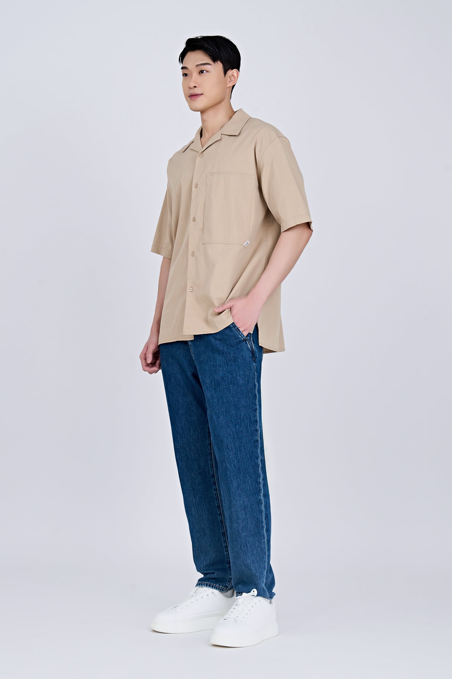 Worker's Pocket Cuban Collar Shirt - Khaki