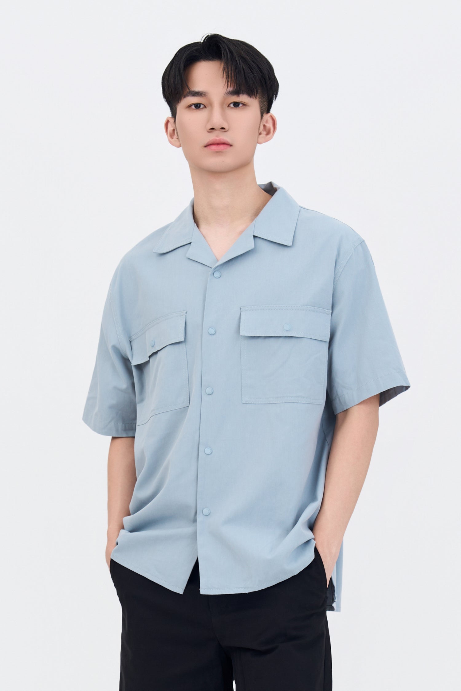 Relaxed-Fit Flapped Pocket Cuban Collar Top - Dusty Blue