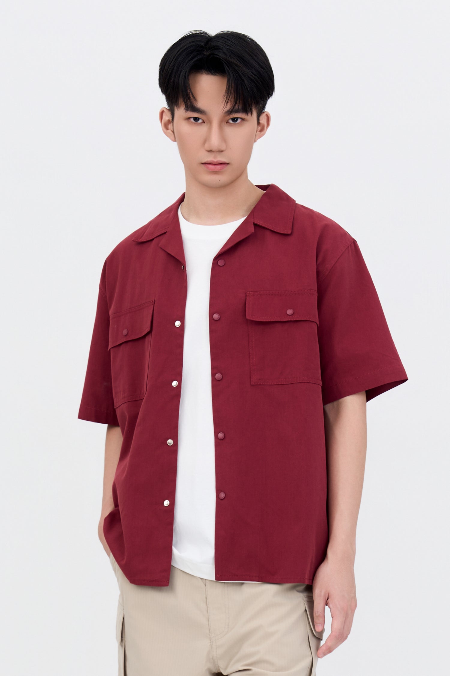 Relaxed-Fit Flapped Pocket Cuban Collar Top - Maroon