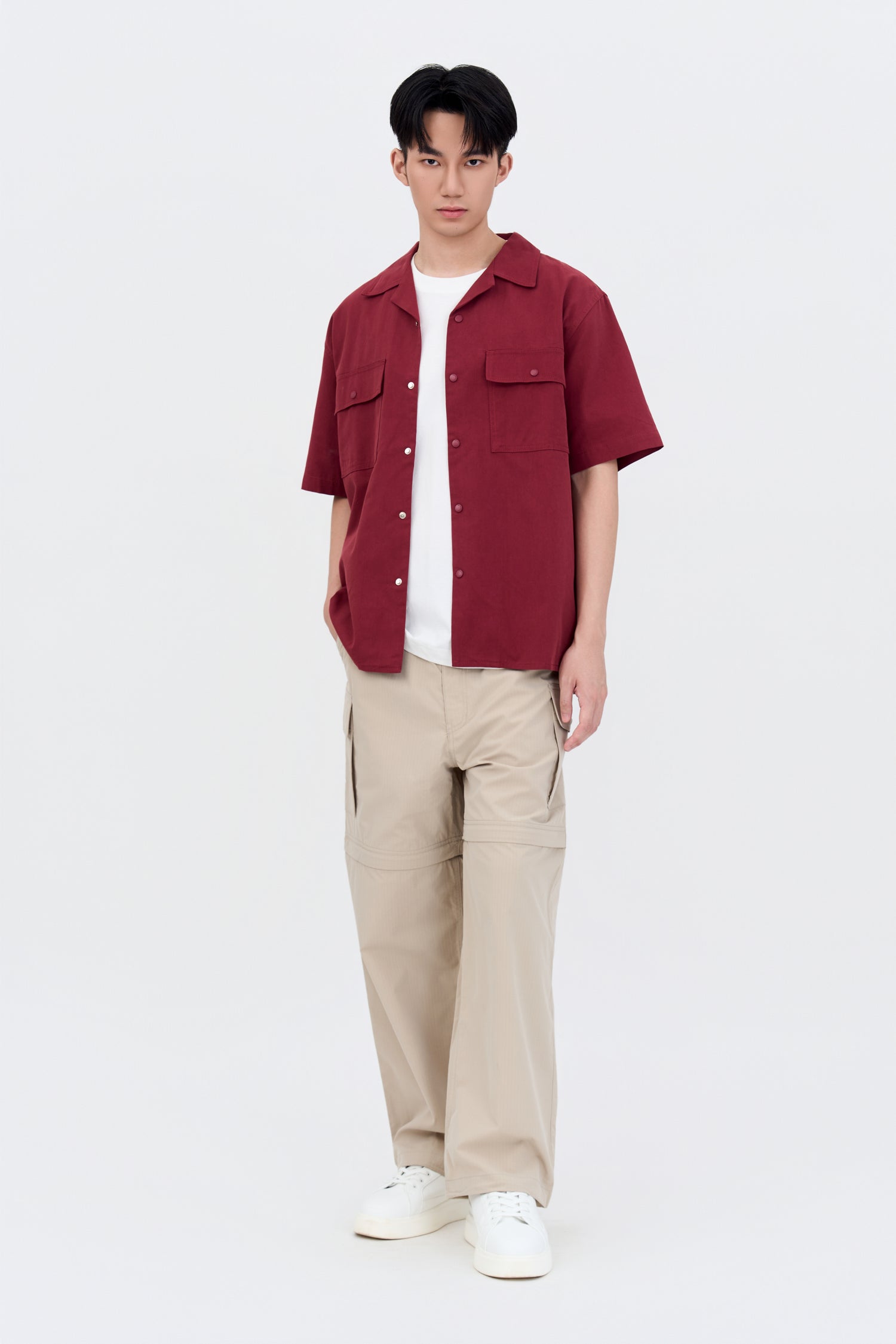 Relaxed-Fit Flapped Pocket Cuban Collar Top - Maroon