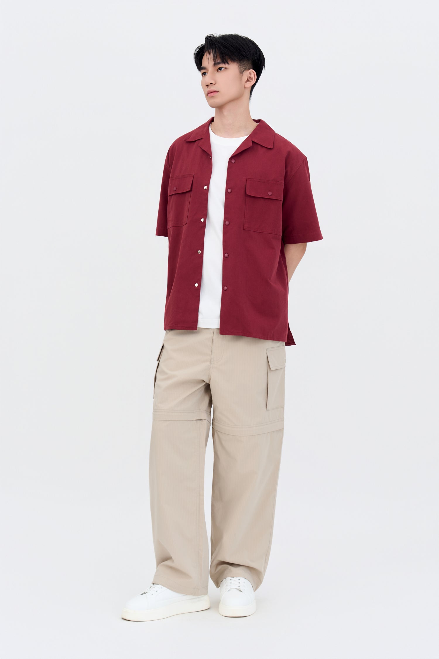 Relaxed-Fit Flapped Pocket Cuban Collar Top - Maroon