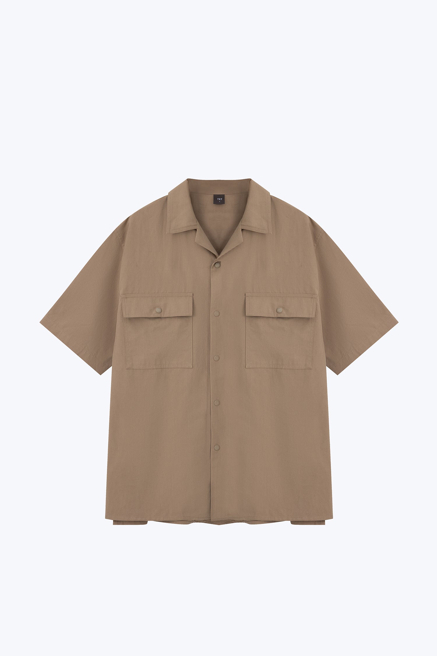 Relaxed-Fit Flapped Pocket Cuban Collar Top - Taupe