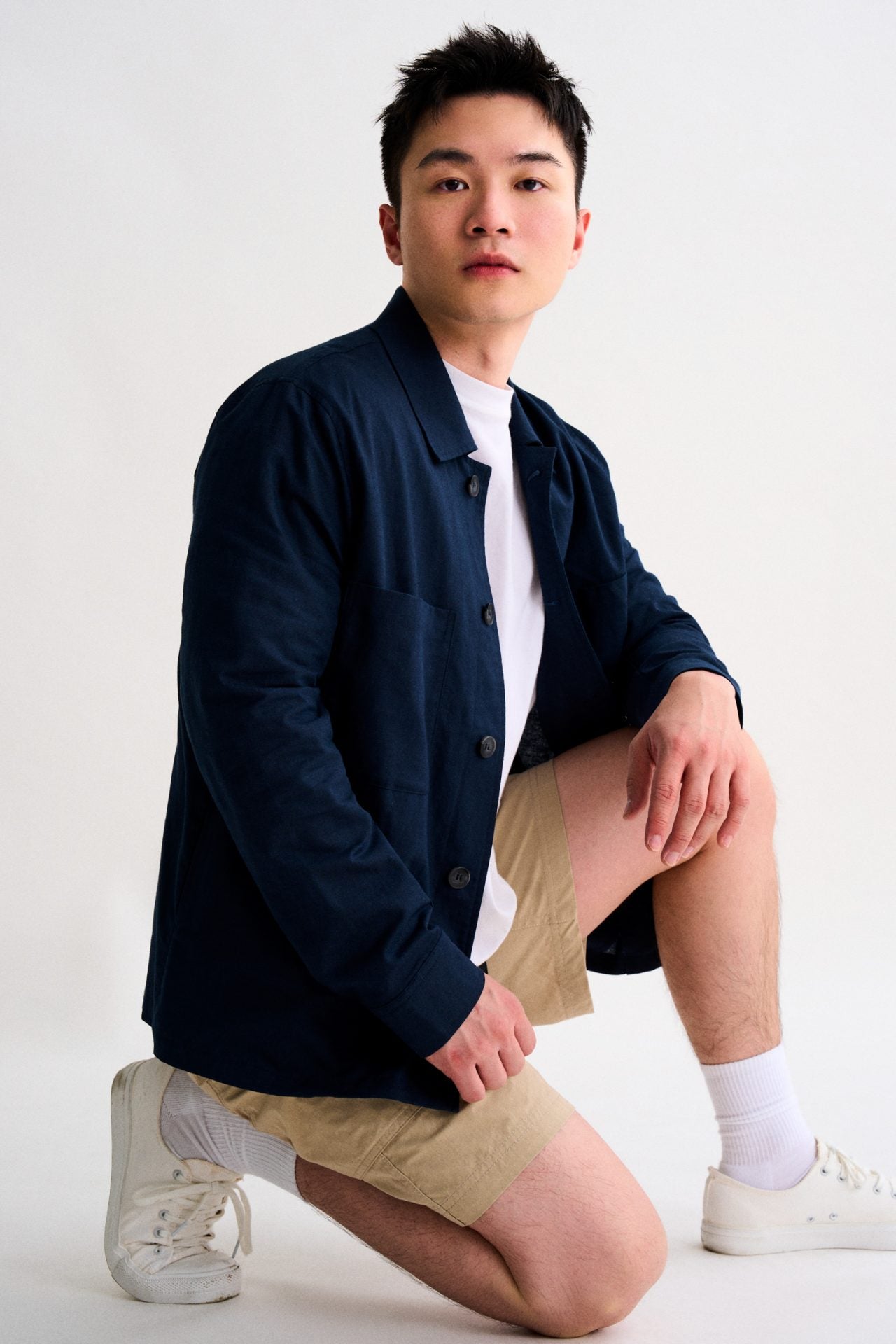 Double Pocket Cotton Linen Shirt - Navy