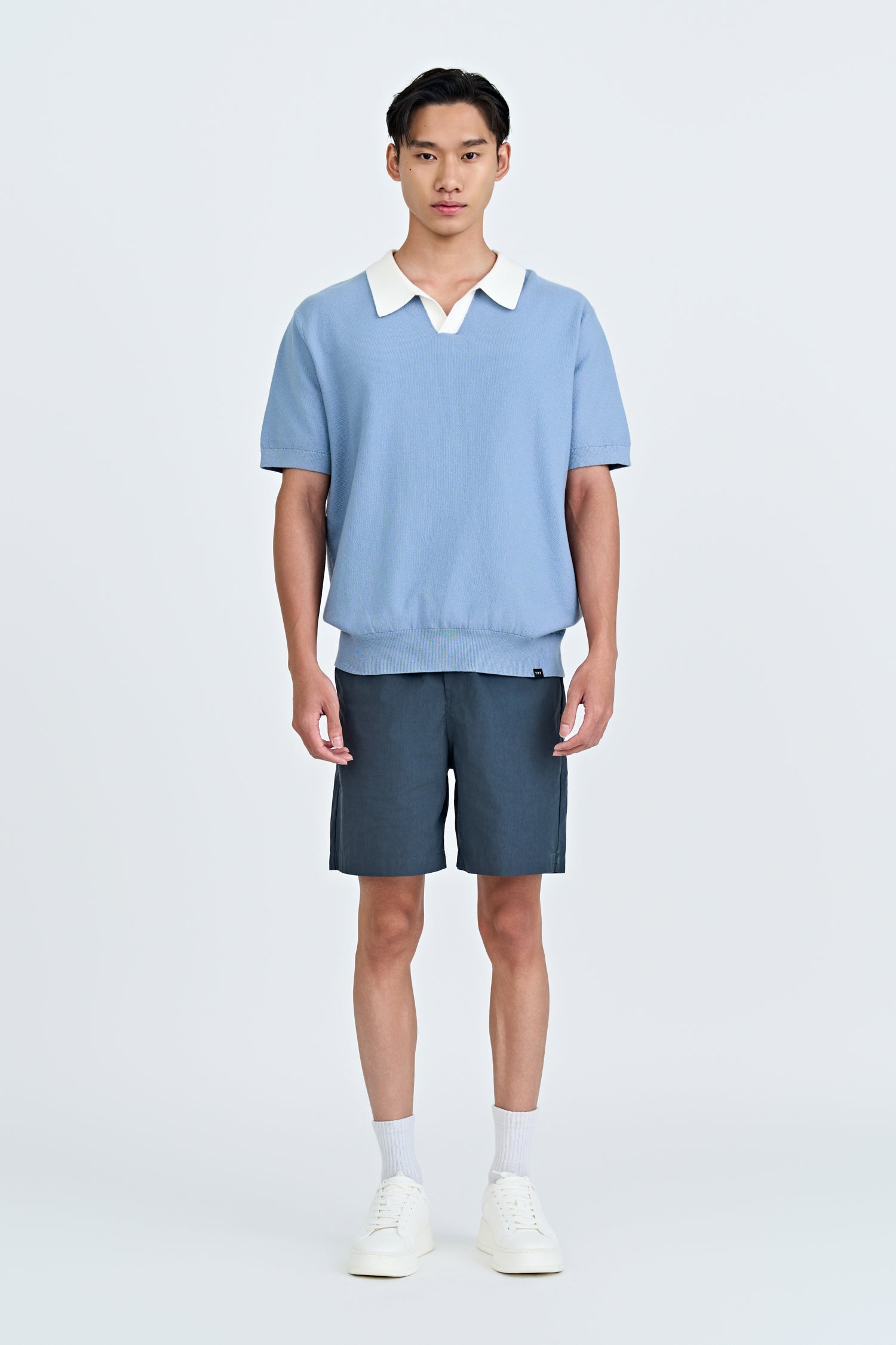 Knitted Open Collar Top - Dusty Blue