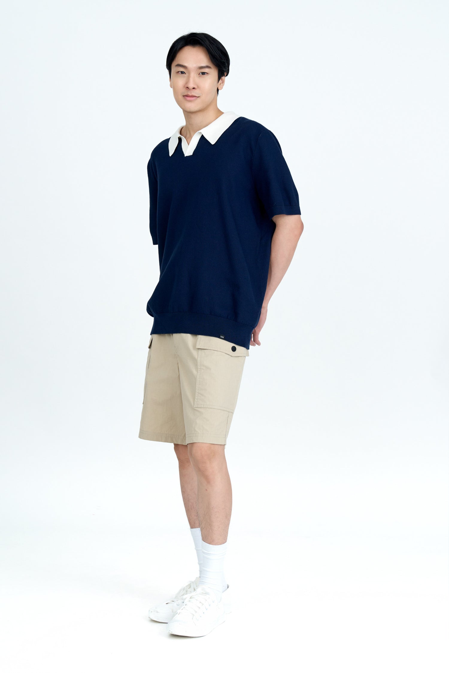 Knitted Open Collar Top - Navy