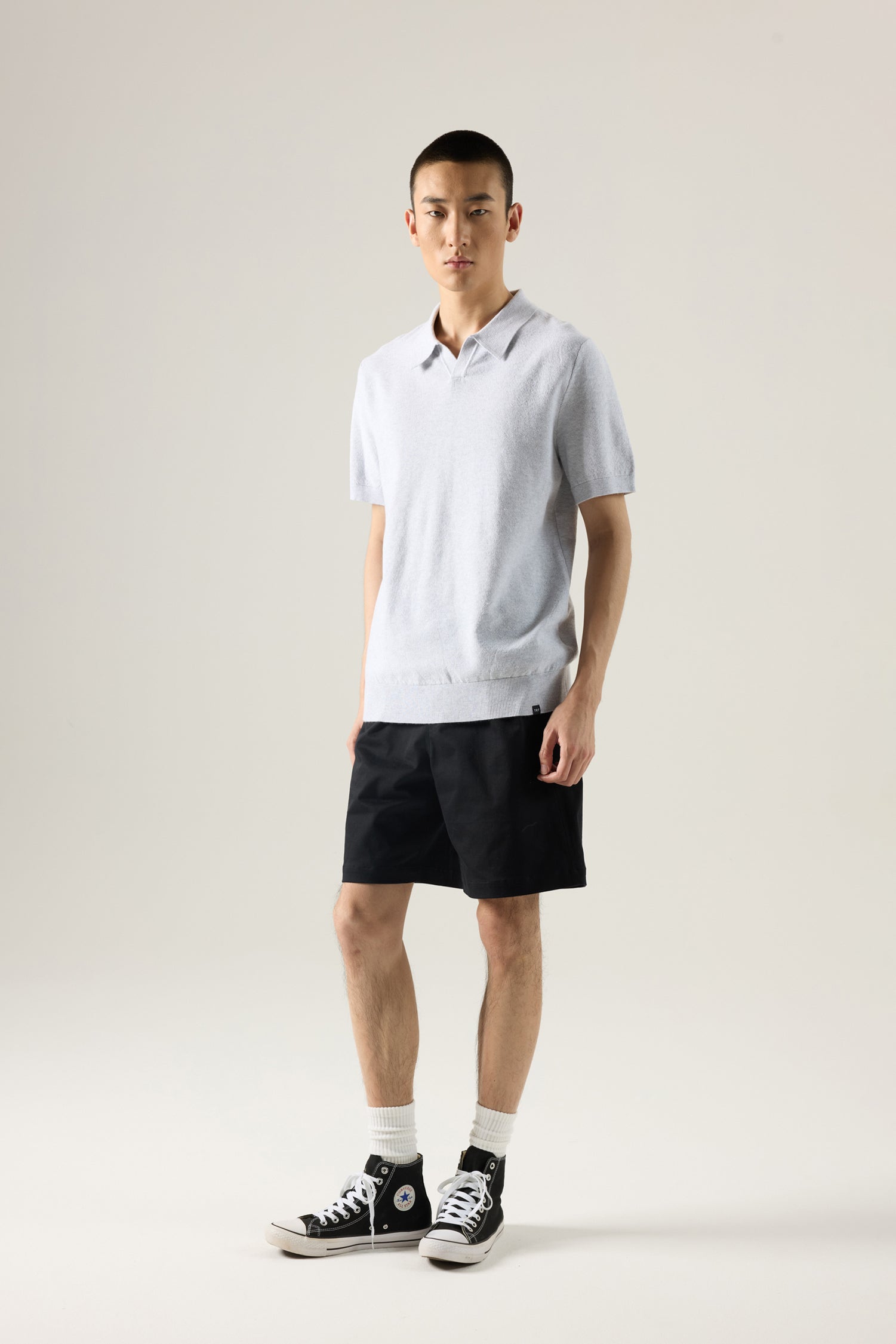 Knitted Open Collar Top - Light Grey