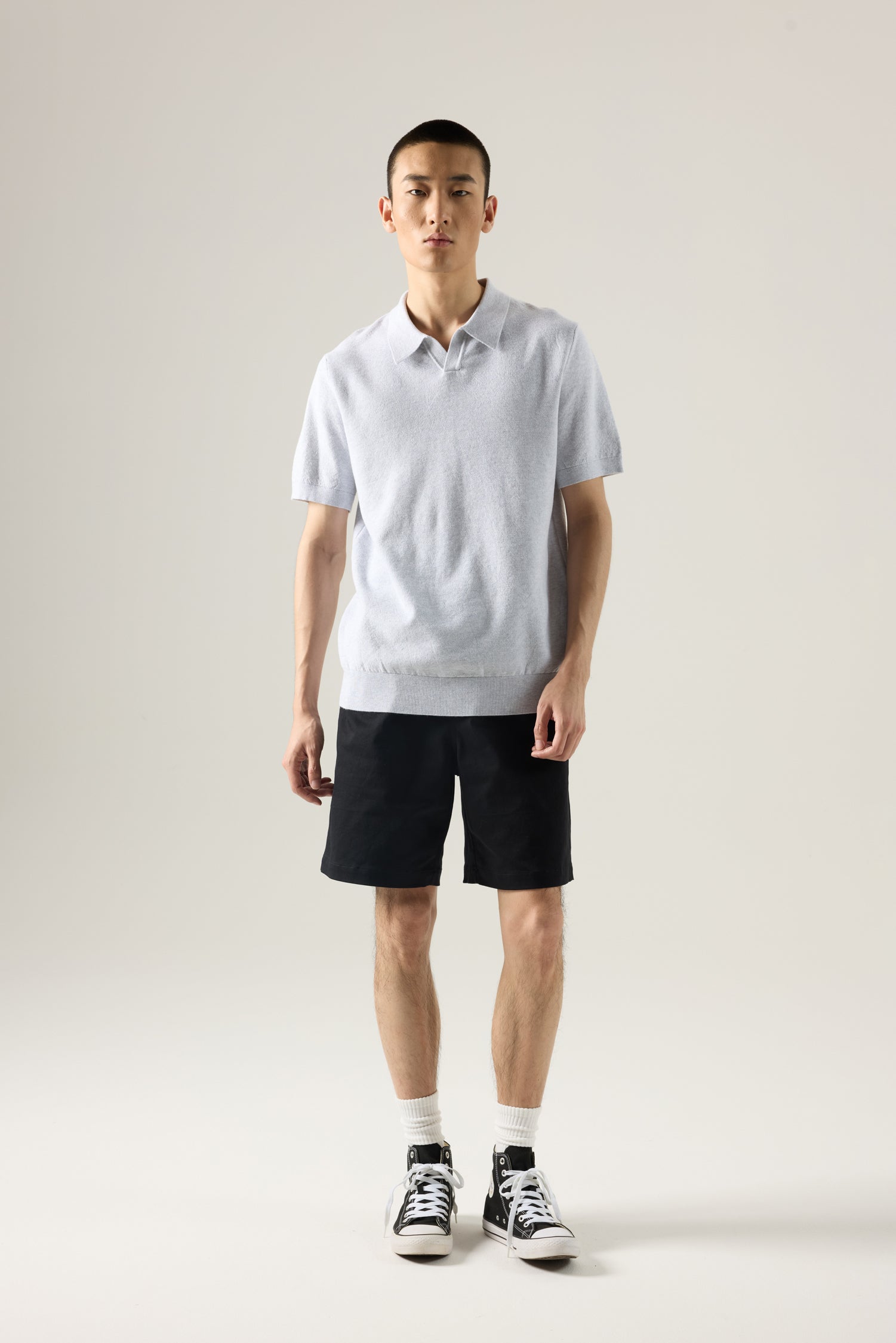 Knitted Open Collar Top - Light Grey