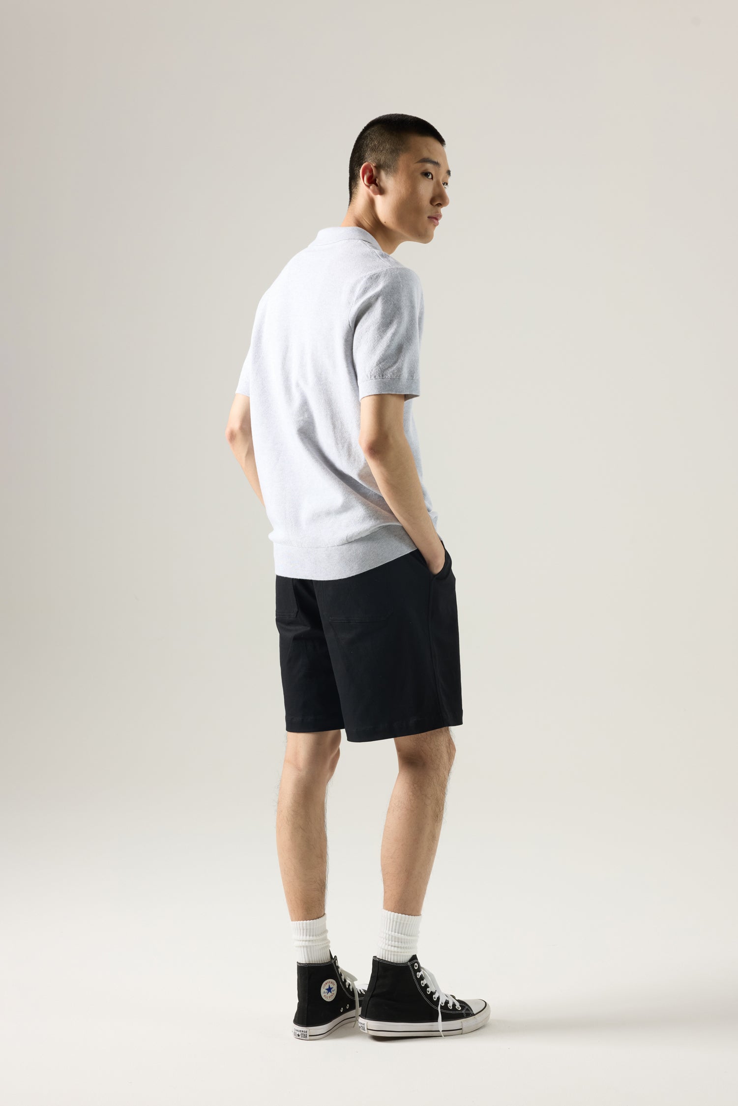 Knitted Open Collar Top - Light Grey