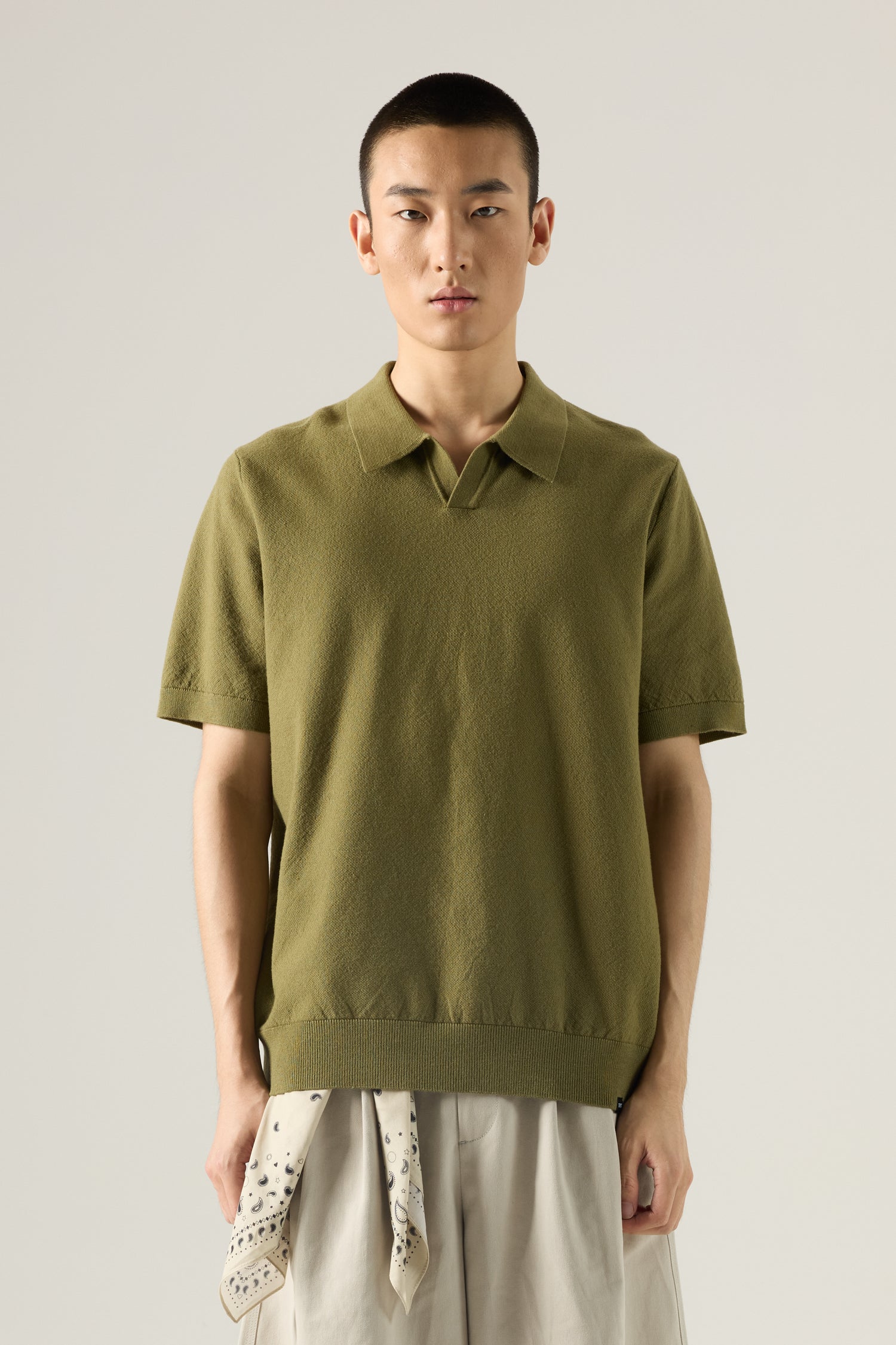 Knitted Open Collar Top - Olive