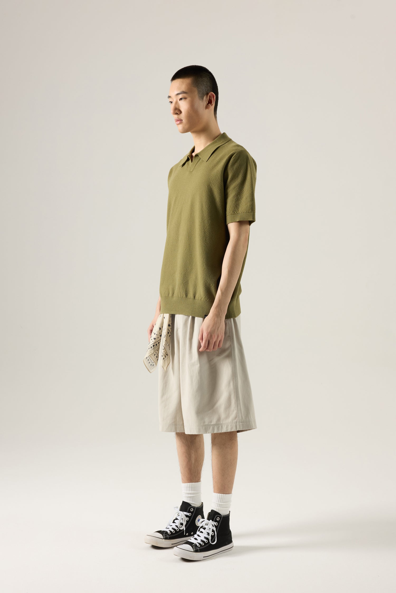 Knitted Open Collar Top - Olive