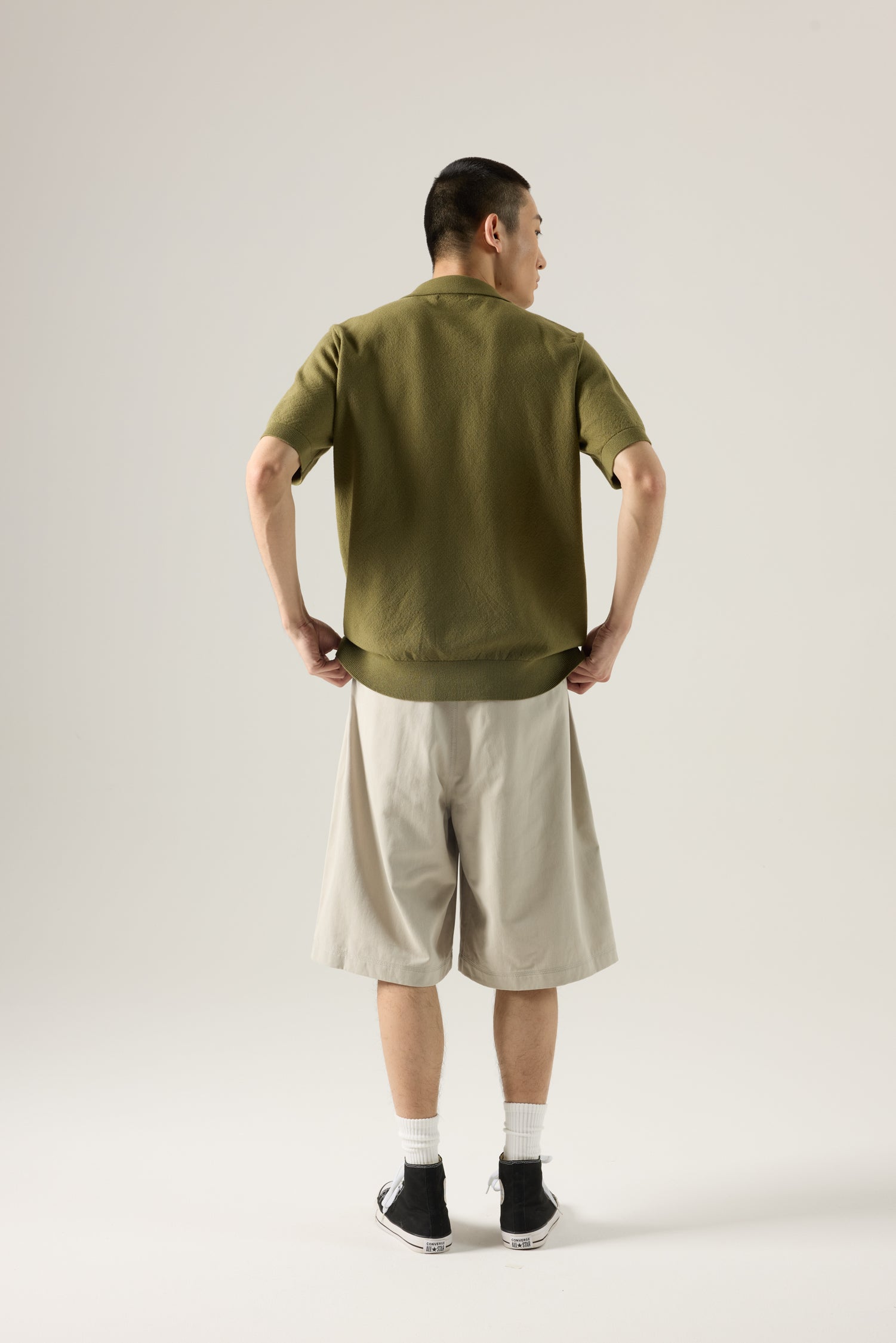 Knitted Open Collar Top - Olive