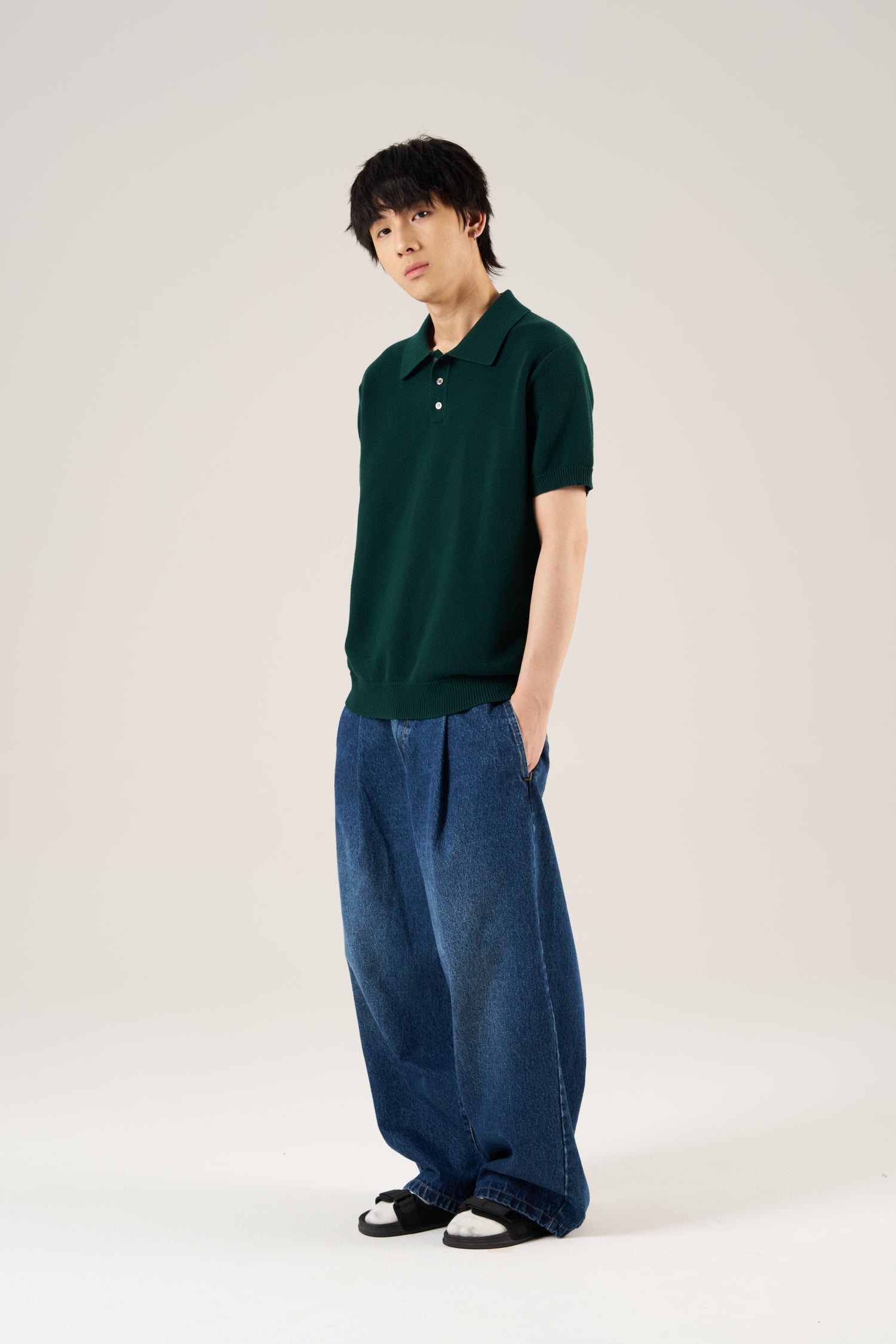 Knitted Polo Tee - Forest Green