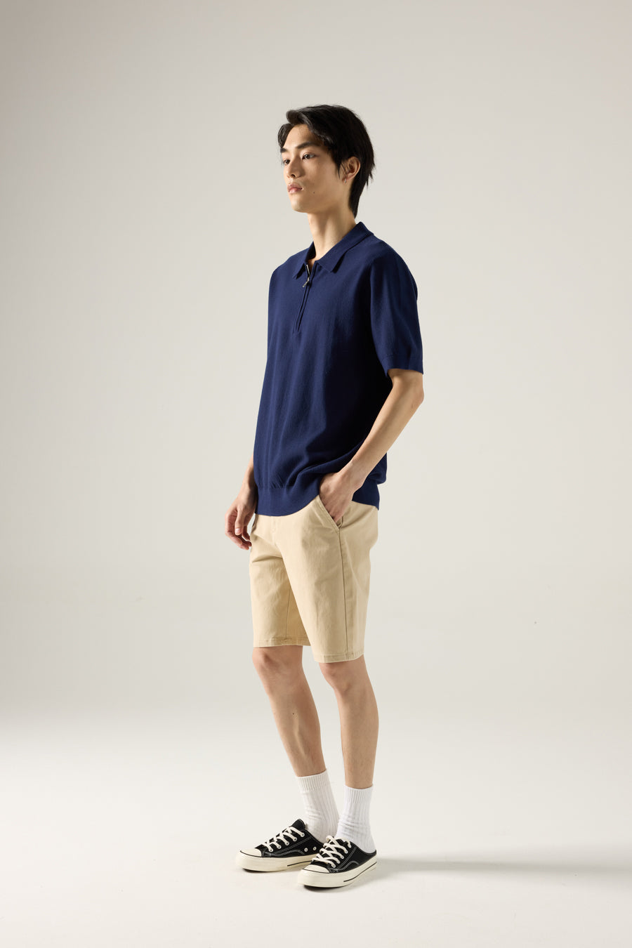 Knit Zip Collar Polo - Navy
