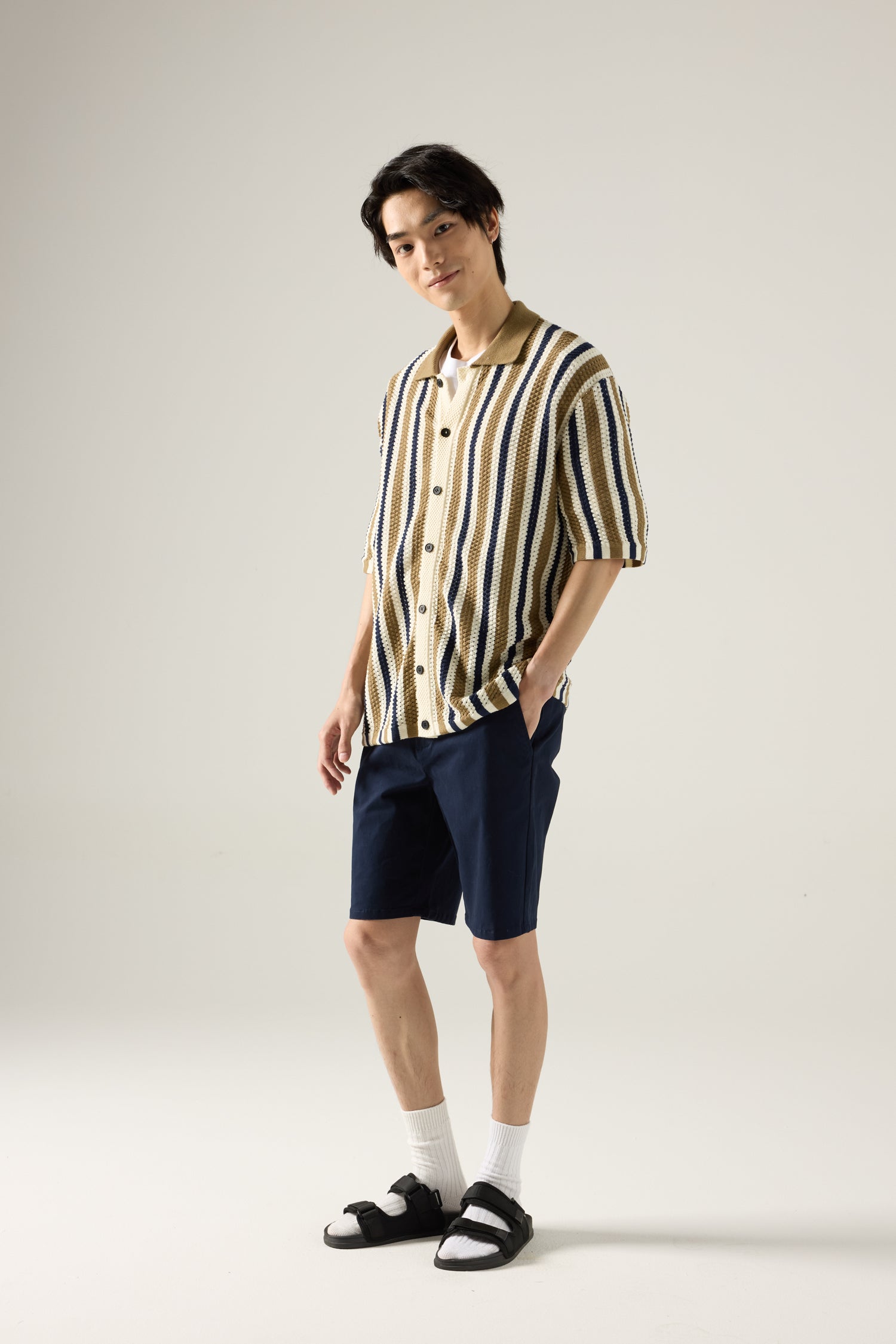 Textured Stripes Knit Polo Shirt - Olive