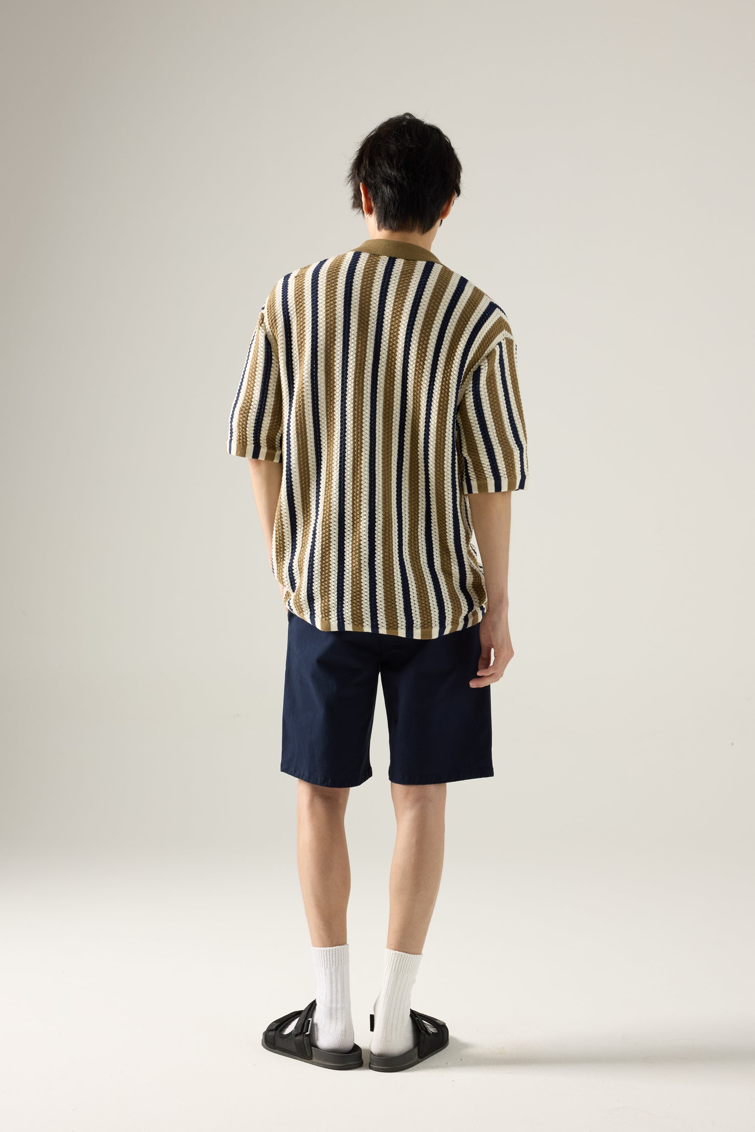 Textured Stripes Knit Polo Shirt - Olive