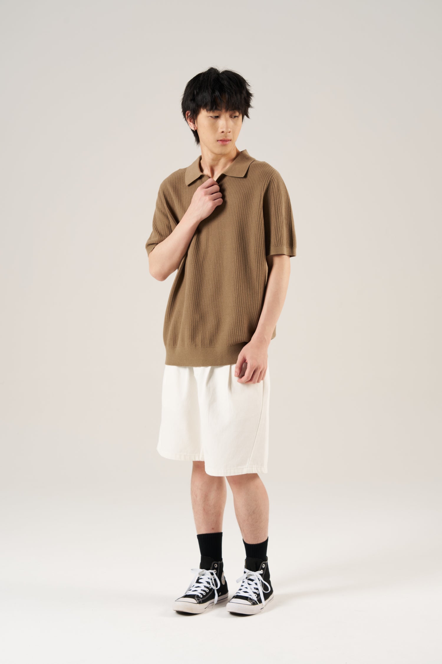 Knitted Waffle Open Collar Tee - Taupe