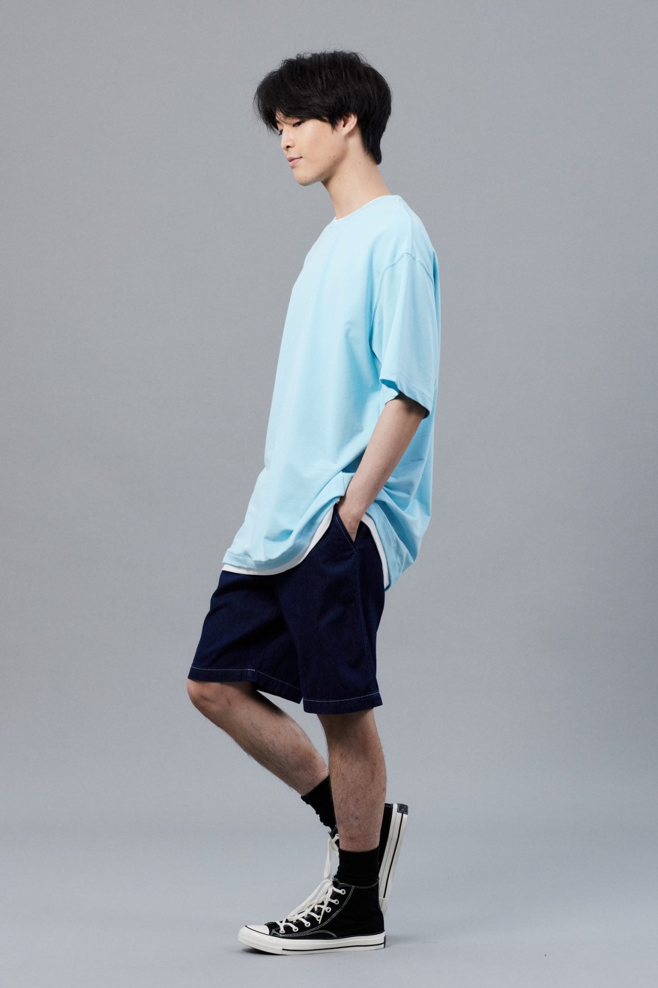 (C) Jersey Double Collar-Hem Tee - Aqua
