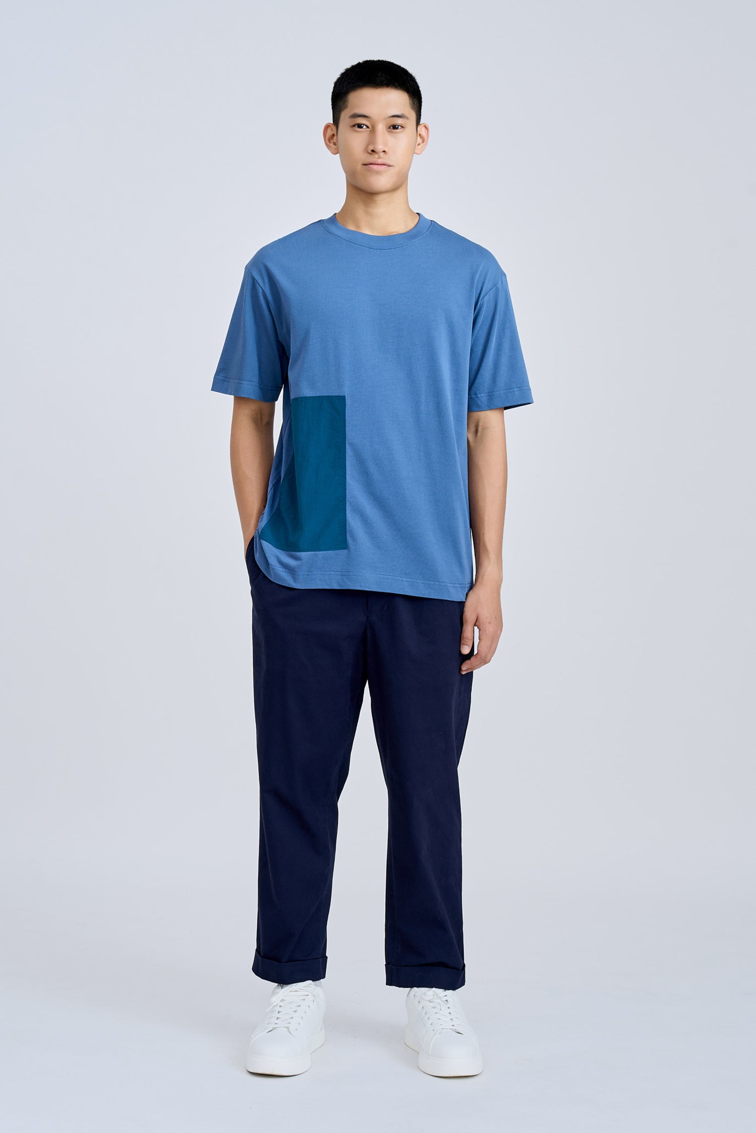 (B) Contrast Patch Pocket Tee - Steel Blue
